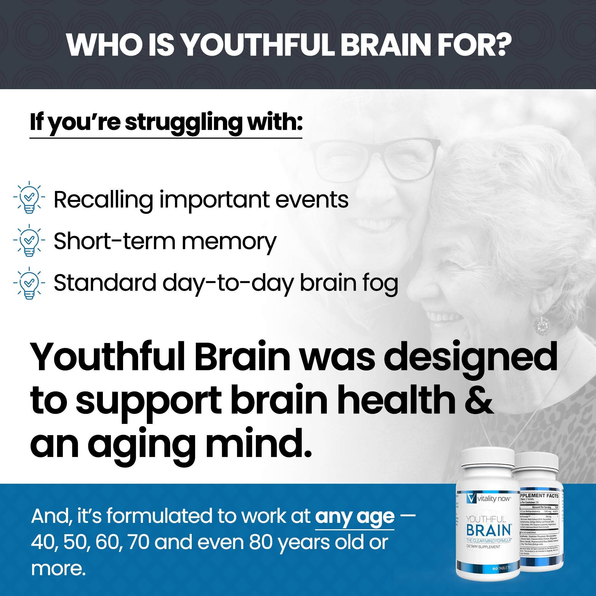 Vitality Now Youthful Brain 2 Bottle Bundle – Memory & Brain Health Support, Bacopa, Ginkgo, B12 (120 ct)