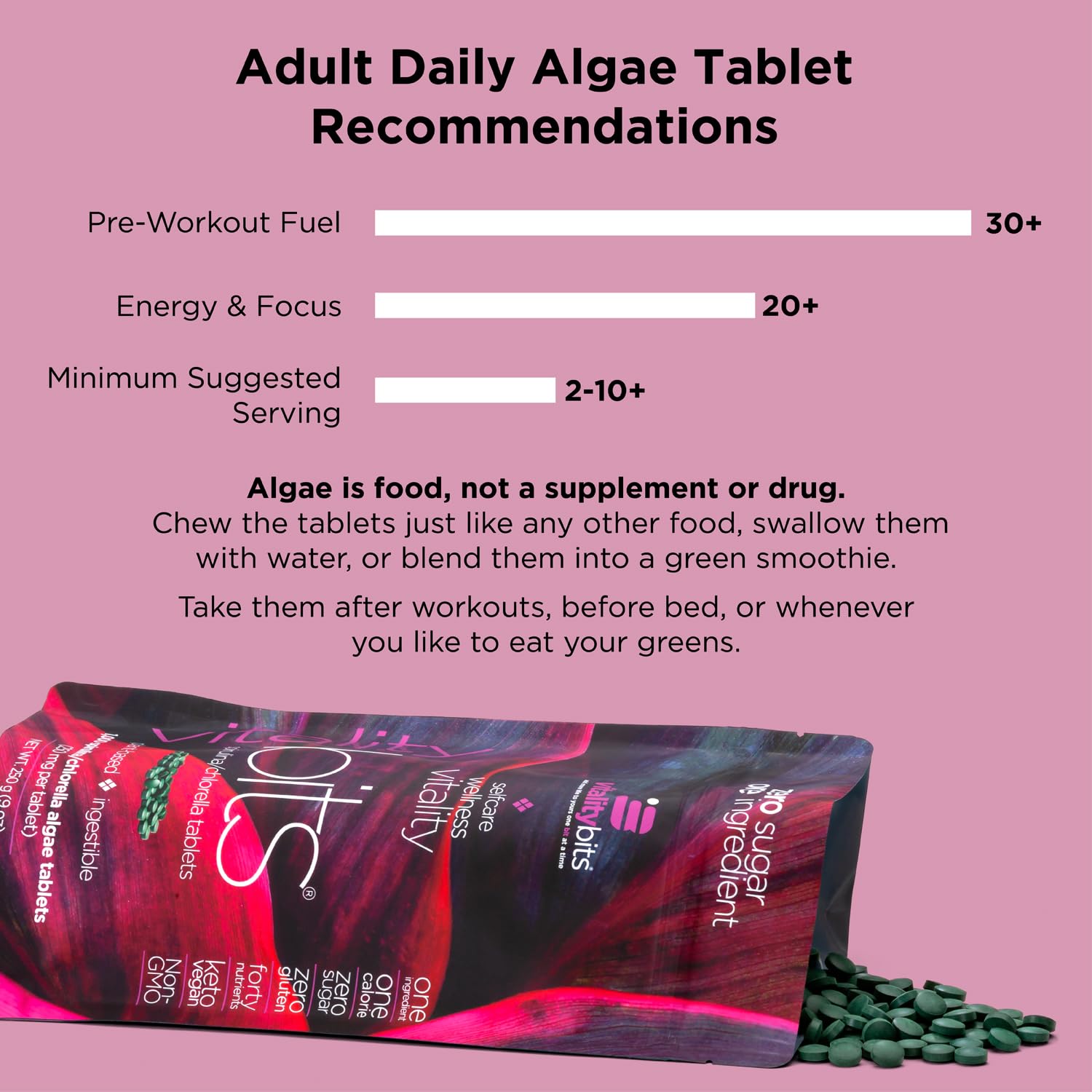 VITALITYbits - Organic Blended Spirulina & Chlorella Tablets - Algae Superfood - Energy, Self Care, Beauty - Replace Greens, Supplements, Protein, Snacks - Vegan, Keto, Gluten Free - 1000 Tablets Can