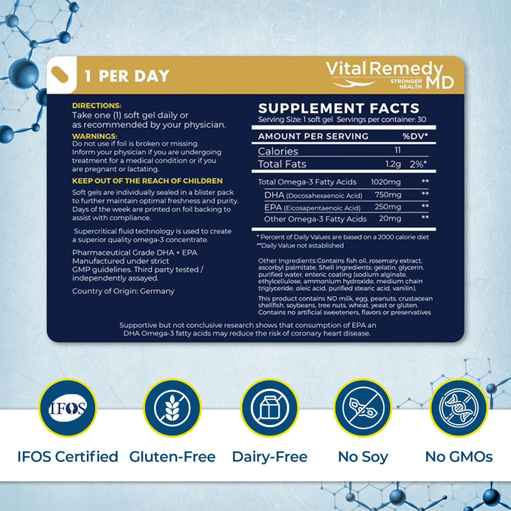 VitalOils1000 Omega-3 Fish Oil 1200mg (750 DHA + 450 EPA) - IFOS 5-Star, Non-GMO, Gluten-Free, No Fishy Aftertaste, Made in USA