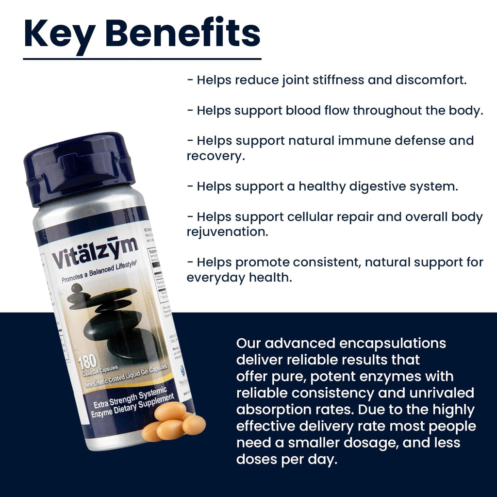 VITÄLZYM Proteolytic Systemic Enzymes Liquid Gel Capsules with Serrapeptase | Immune & Joint Support