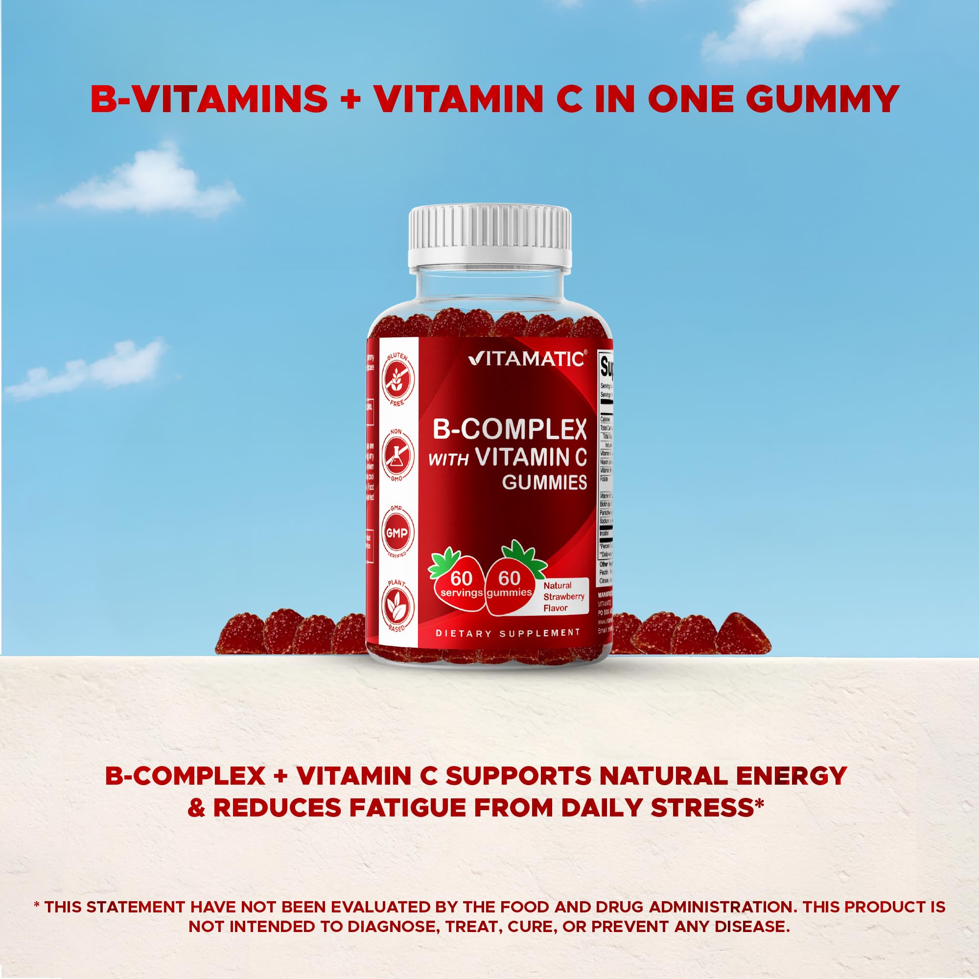 Vitamatic Vitamin B Complex Gummies with Vitamin C & Inositol – Strawberry Flavor, 60 Gummies (2 Bottles)