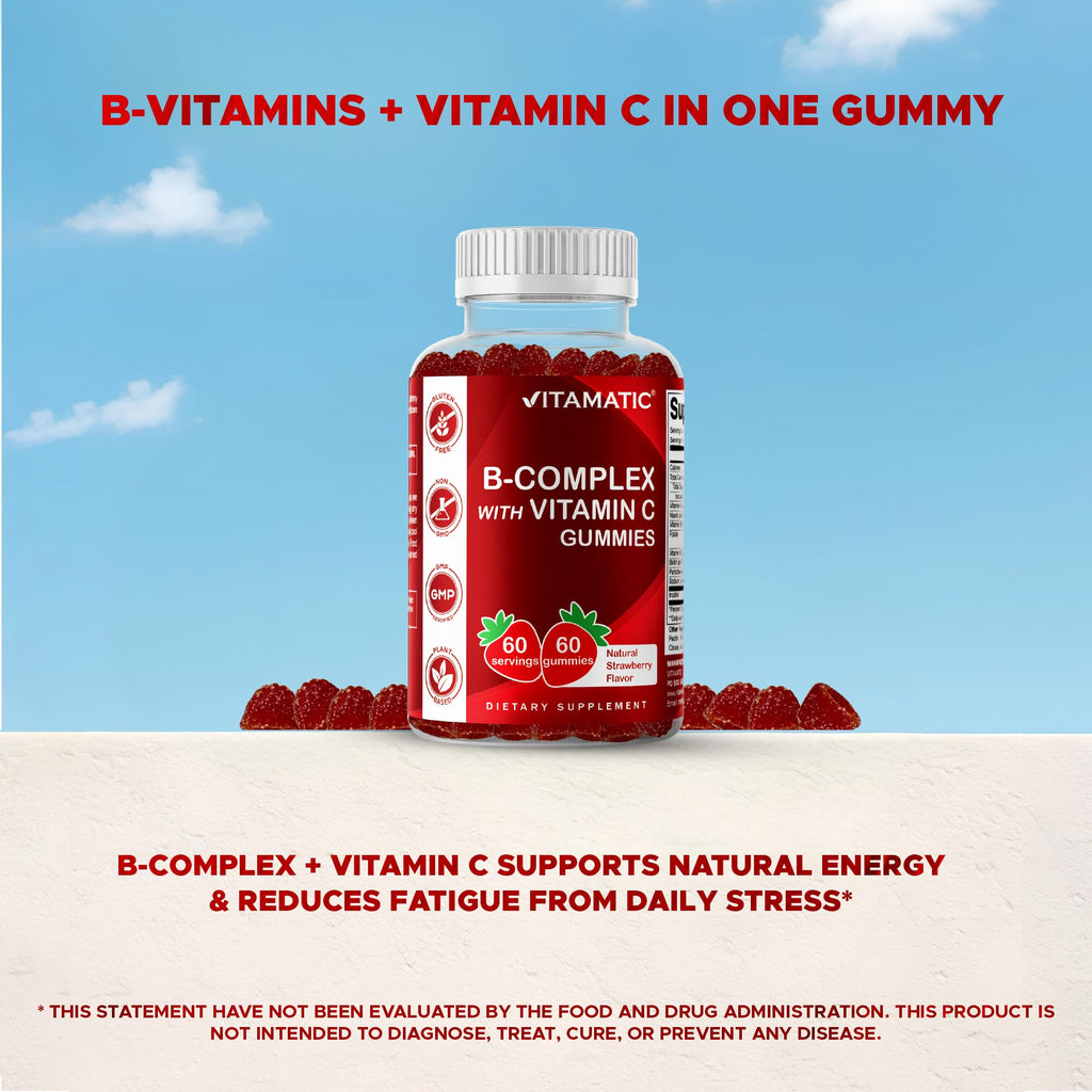 Vitamatic Vitamin B Complex Gummies with Vitamin C & Inositol – Natural Strawberry Flavor – 60 Gummies