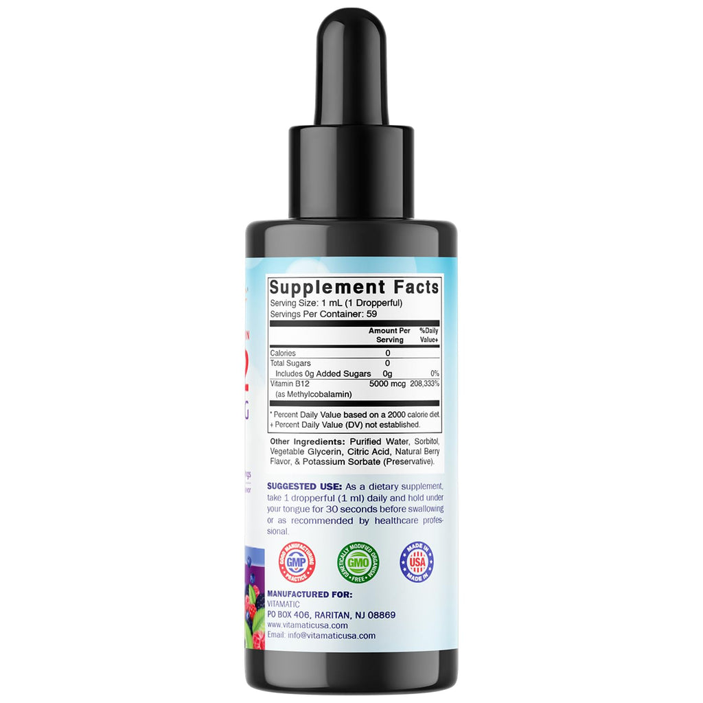 Vitamatic Liquid Vitamin B12 5000 mcg – Berry Flavor – Sublingual 2 fl oz