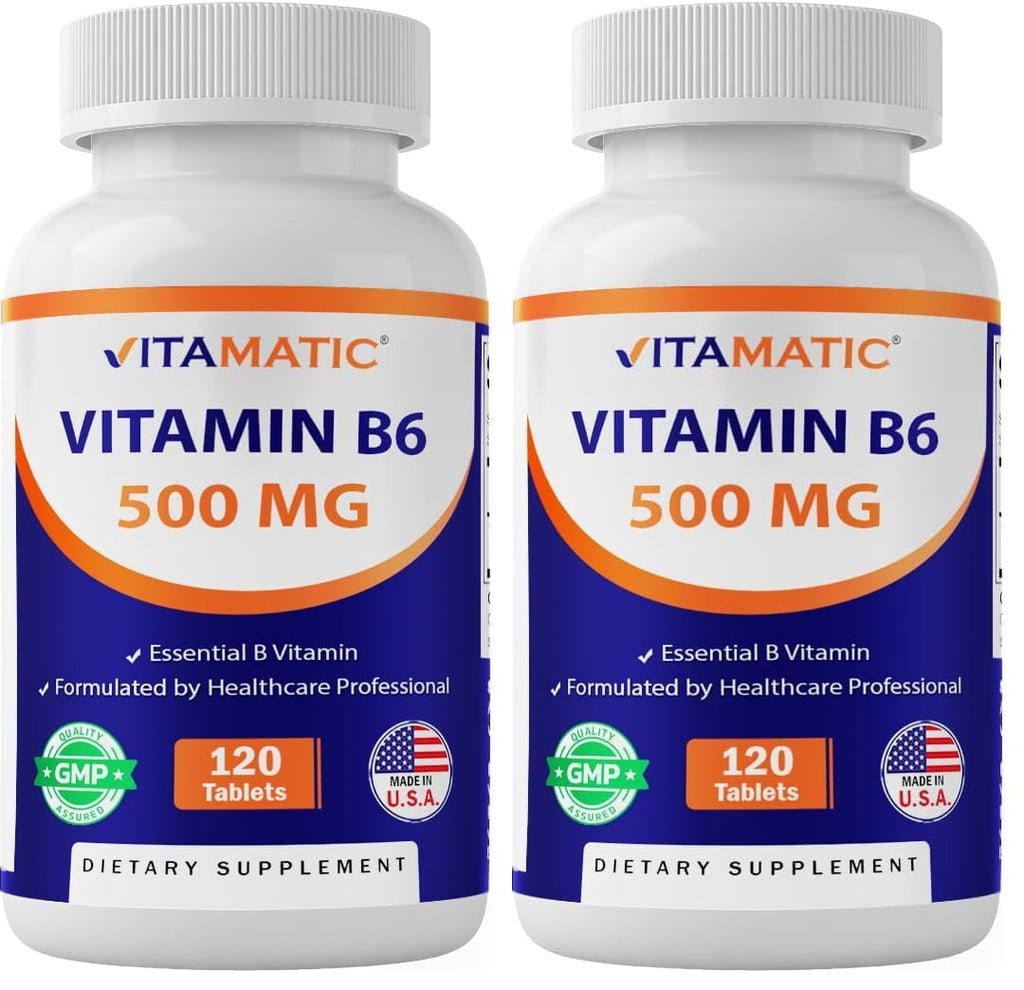Vitamatic Vitamin B6 (Pyridoxine HCI) 500 mg – 120 Vegetarian Tablets, Pack of 2 | Energy, Metabolism & Immune Support