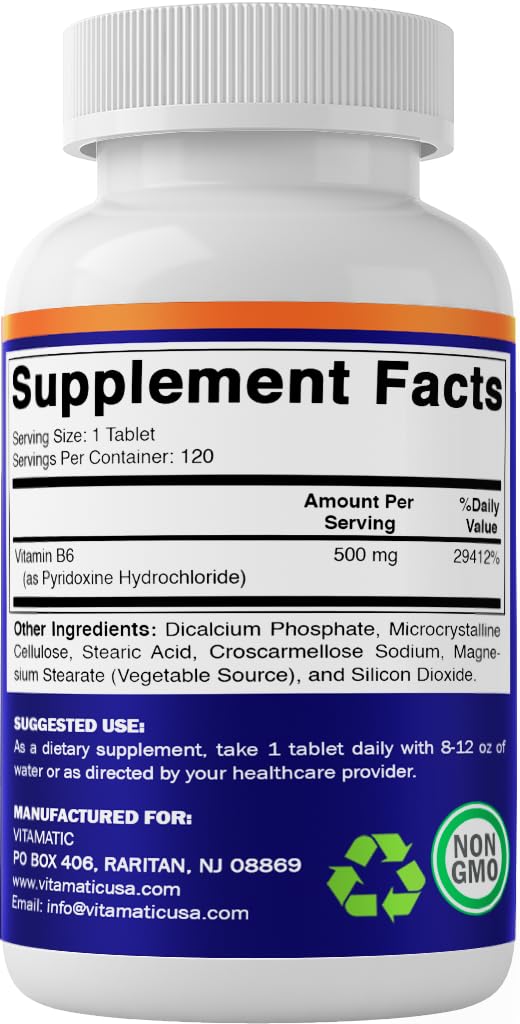 Vitamatic Vitamin B6 (Pyridoxine HCI) 500 mg – 120 Vegetarian Tablets, Pack of 2 | Energy, Metabolism & Immune Support
