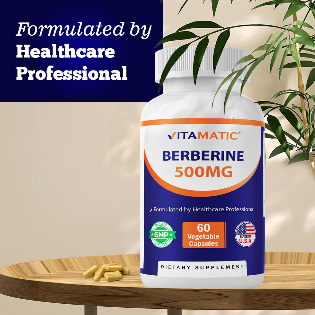 Vitamatic Berberine 500mg - 60 Veg Capsules | Made in USA, Gluten Free, Non-GMO