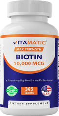 Vitamatic Biotin 10,000 mcg (10 mg) – Stronger Hair, Skin & Nails | 365 Vegan Tablets (Vitamin B7)