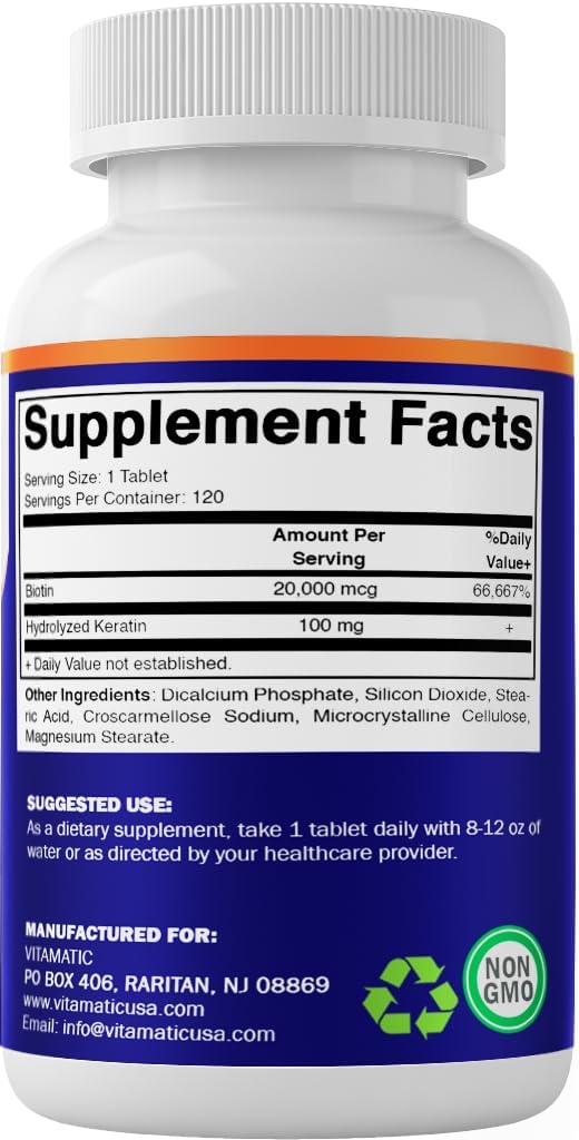 Vitamatic High Potency Biotin 20000 mcg with Keratin - 120 Vegetarian Tablets