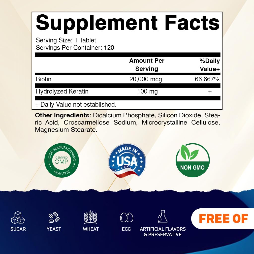 Vitamatic High Potency Biotin 20000 mcg with Keratin 100mg - 120 Vegetarian Tablets (Pack of 2) | Hair, Skin & Nails