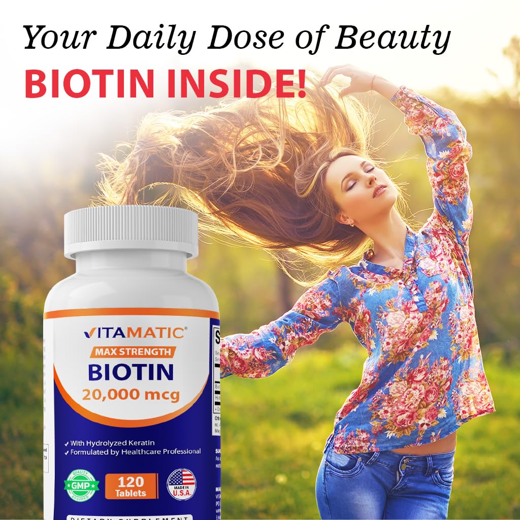 Vitamatic High Potency Biotin 20000 mcg with Keratin 100mg - 120 Vegetarian Tablets (Pack of 2) | Hair, Skin & Nails