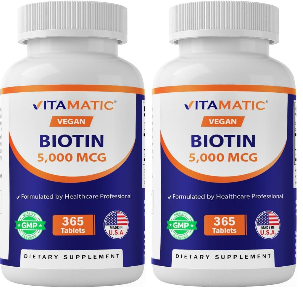 Vitamatic Biotin 5000mcg (5 mg) - 365 Vegan Tablets (Pack of 2) | Hair, Skin & Nails | Vitamin B7
