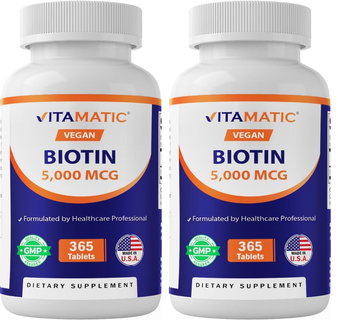 Vitamatic Biotin 5000mcg (5 mg) - 365 Vegan Tablets (Pack of 2) | Hair, Skin & Nails | Vitamin B7