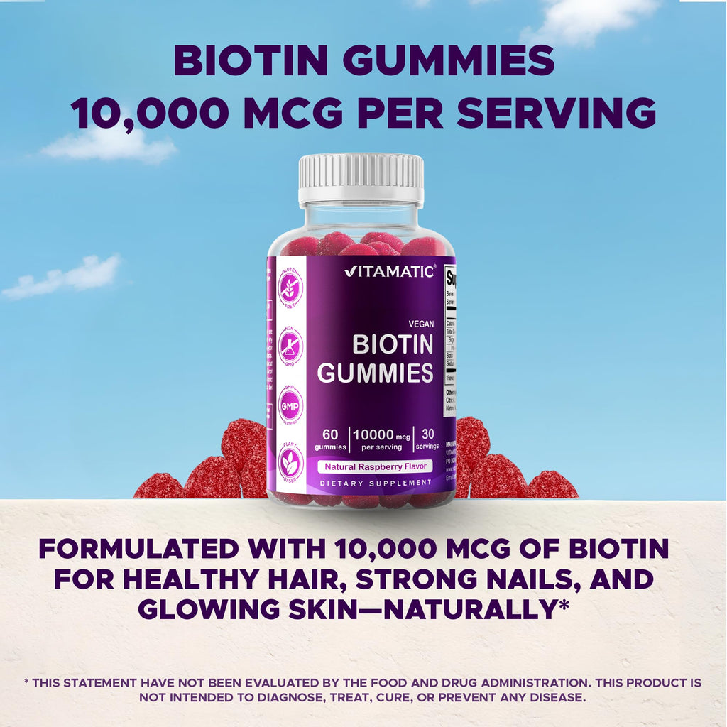 Vitamatic Biotin Gummies 10,000 mcg – 2 Bottles (60 Vegan Gummies Each) | Vitamin B7