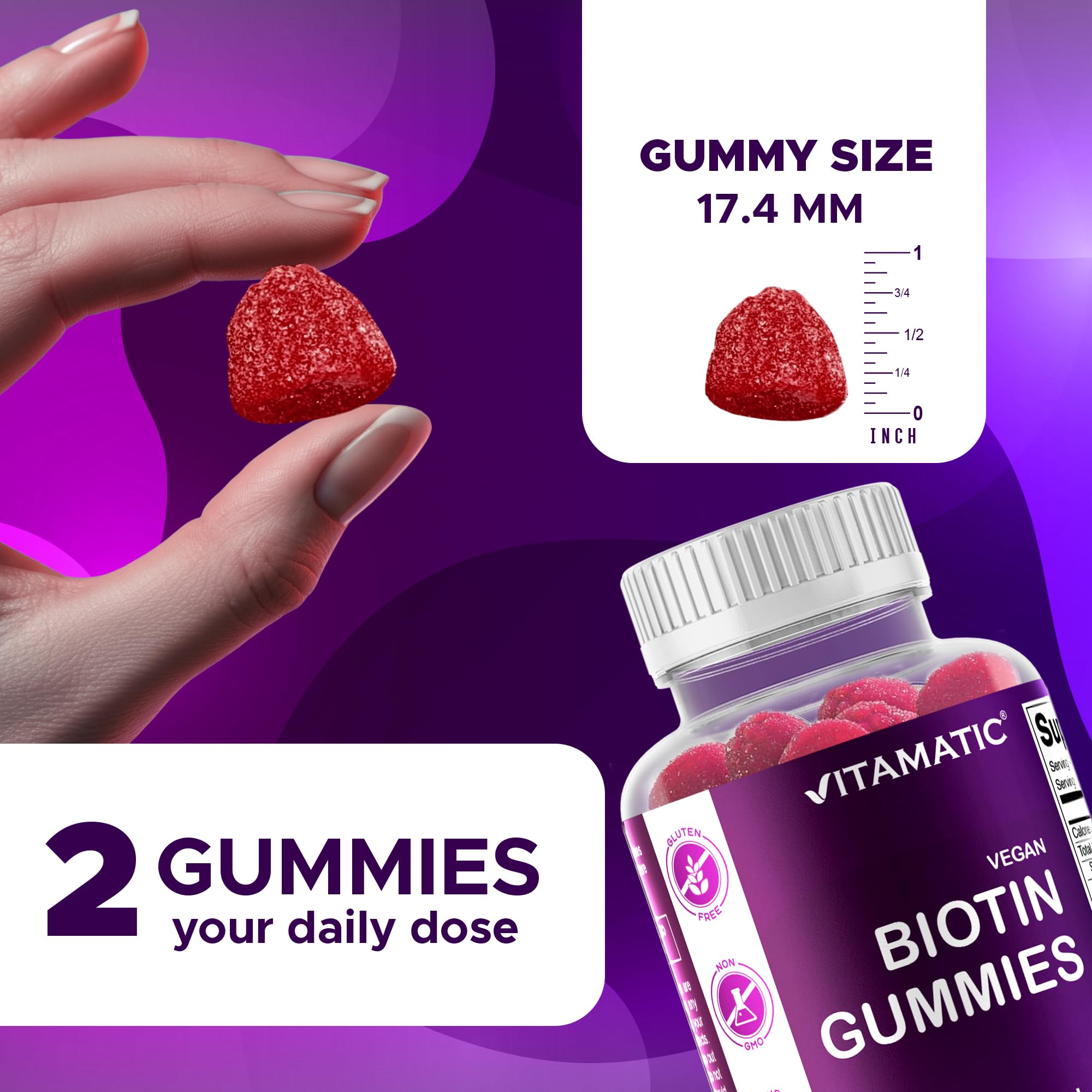 Vitamatic Biotin Gummies 10,000 mcg – 60 Vegan Gummies | Vitamin B7 for Hair, Skin & Nails