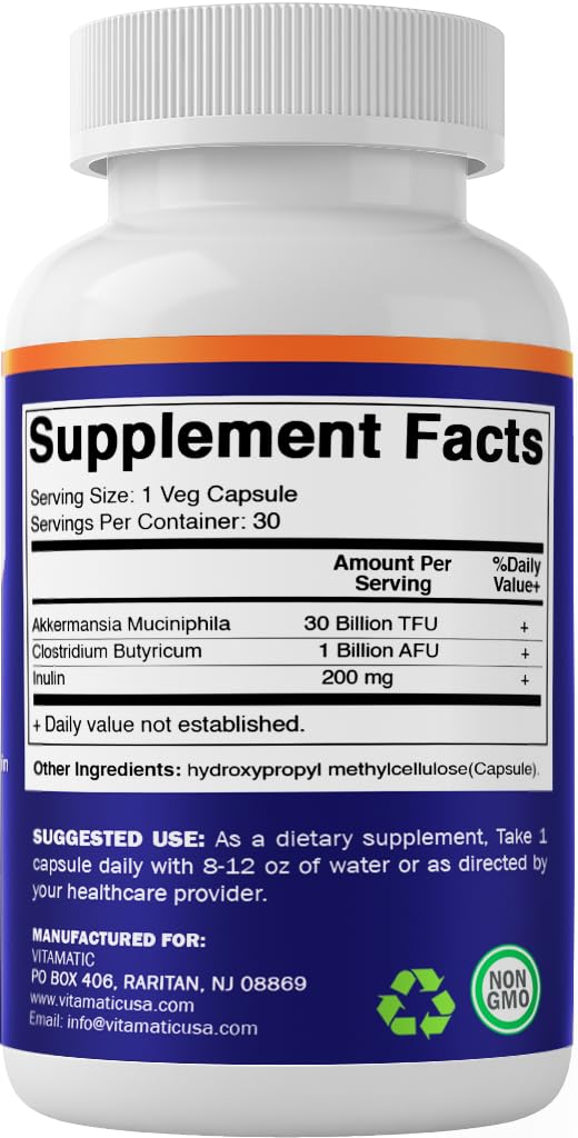 Vitamatic Akkermansia Muciniphila 30B TFU + Clostridium Butyricum + Inulin – GLP-1 Probiotic, 30 Vegan Capsules