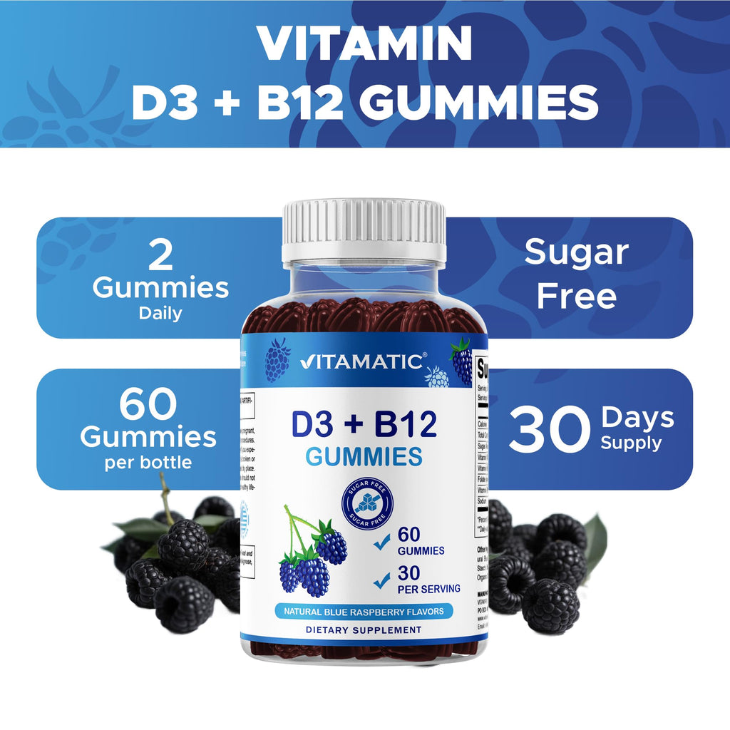 Vitamatic Vitamin D3 + B12 Gummies – Blue Raspberry, 60 Gummies | USA Made with Folate & B6