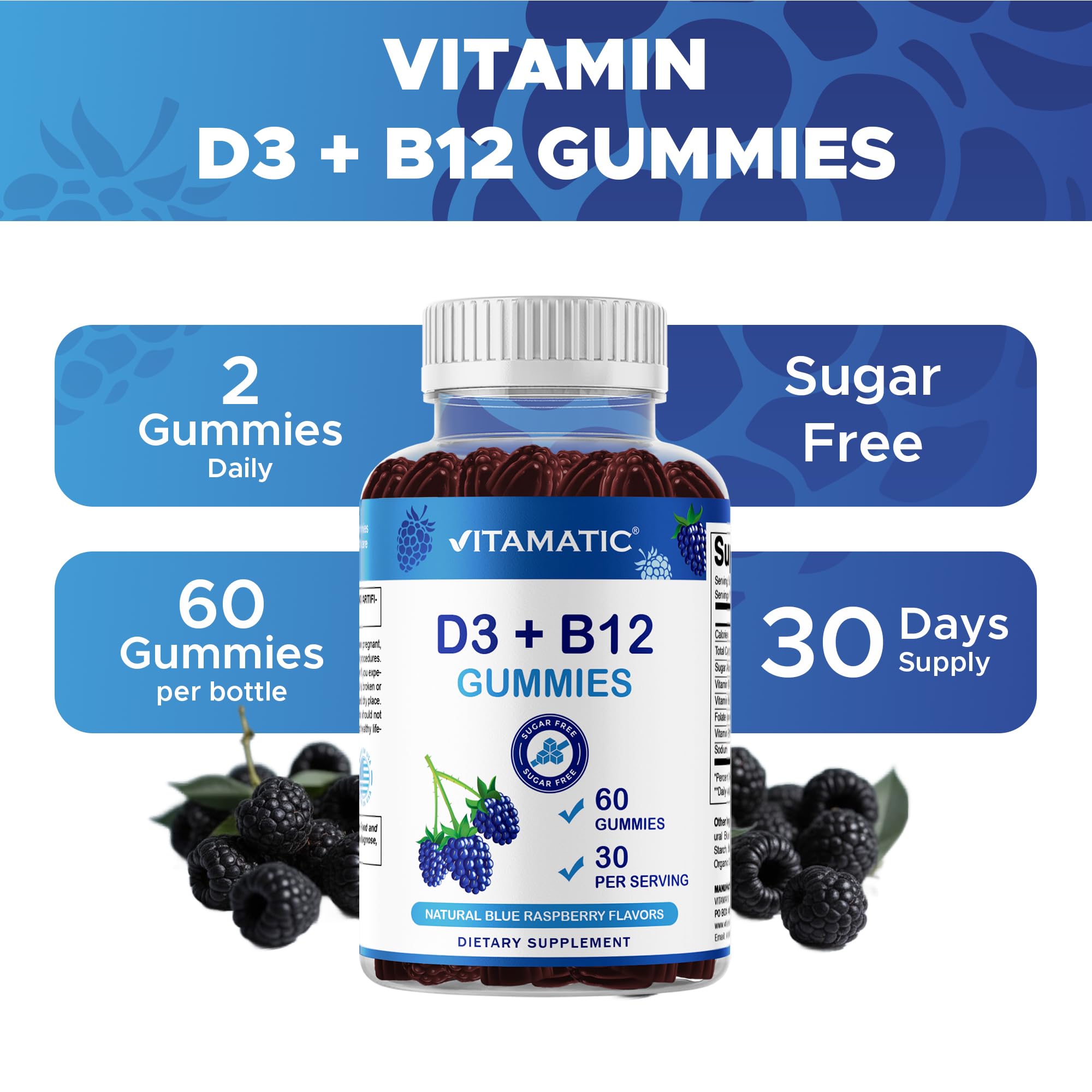 Vitamatic Vitamin D3 + B12 Gummies – Blue Raspberry, 60 Gummies | USA Made with Folate & B6