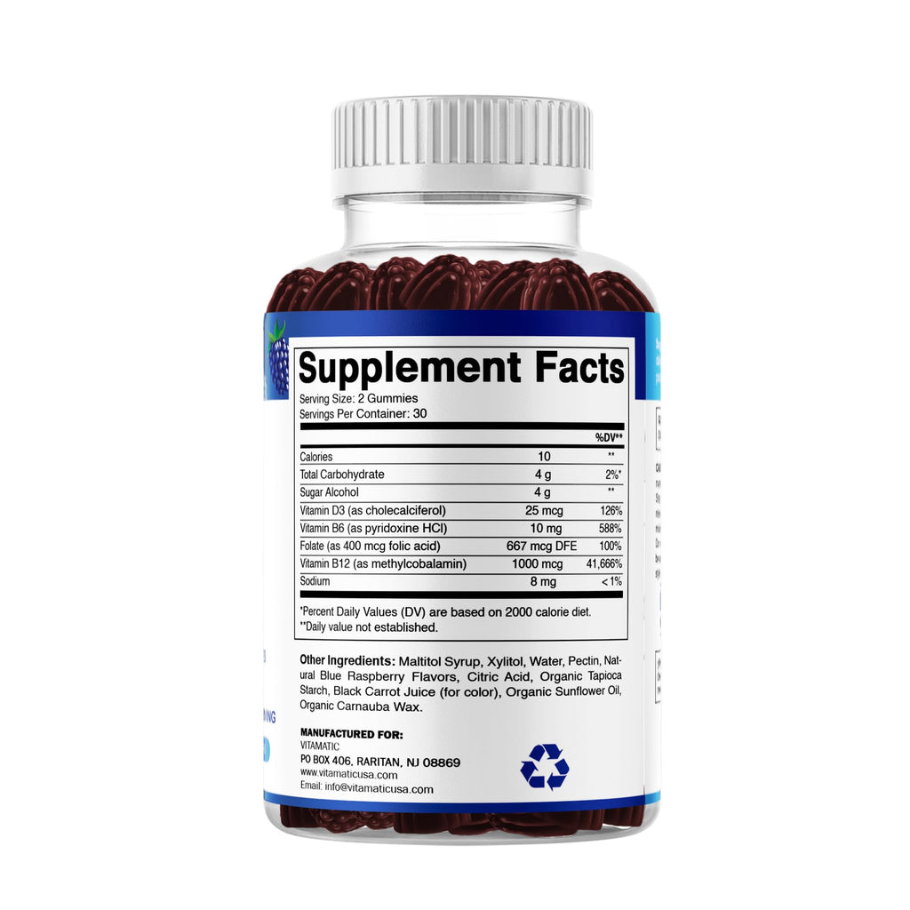 Vitamatic Vitamin D3 + B12 Gummies – Blue Raspberry, 60 Gummies | USA Made with Folate & B6