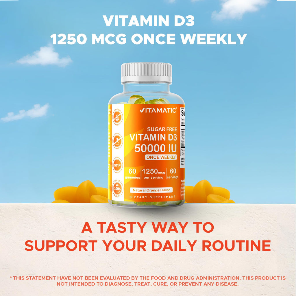 Vitamatic Sugar Free Vitamin D3 50,000 IU Weekly Gummies – 60 Pectin-Based High-Potency D3 for Bone, Teeth & Immune Support (Pack of 2)