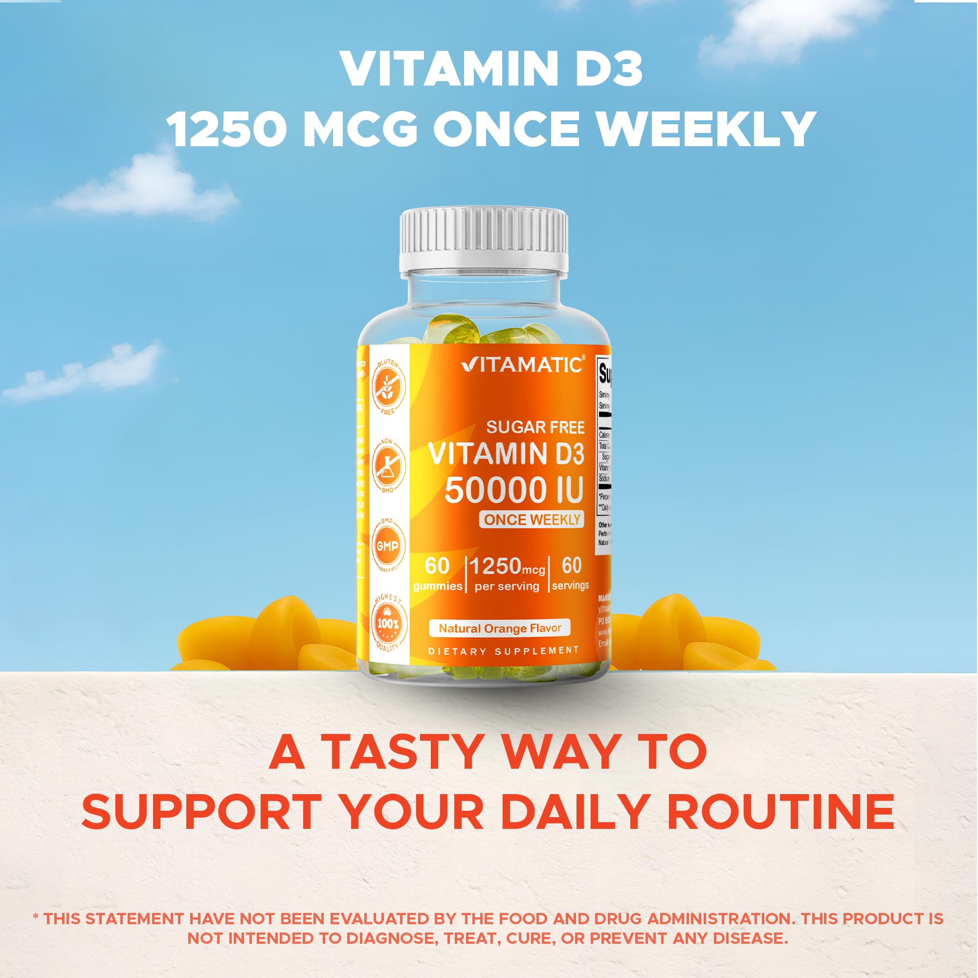 Vitamatic Sugar Free Vitamin D3 50,000 IU Weekly Gummies – 60 Pectin-Based High-Potency D3 for Bone, Teeth & Immune Support (Pack of 2)
