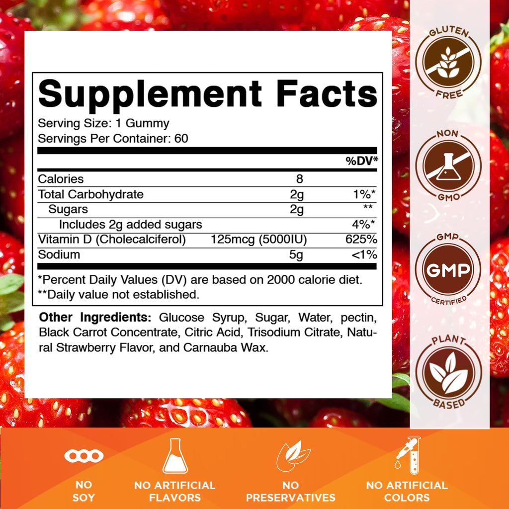 Vitamatic Vitamin D3 Gummies – 5000 IU Per Gummy | 60 Gummies Pack of 2 | Non-GMO, Gluten Free