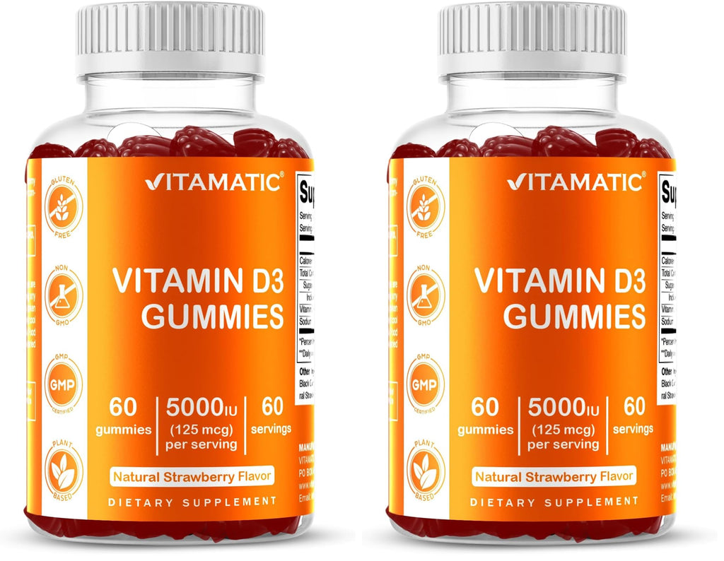 Vitamatic Vitamin D3 Gummies – 5000 IU Per Gummy | 60 Gummies Pack of 2 | Non-GMO, Gluten Free