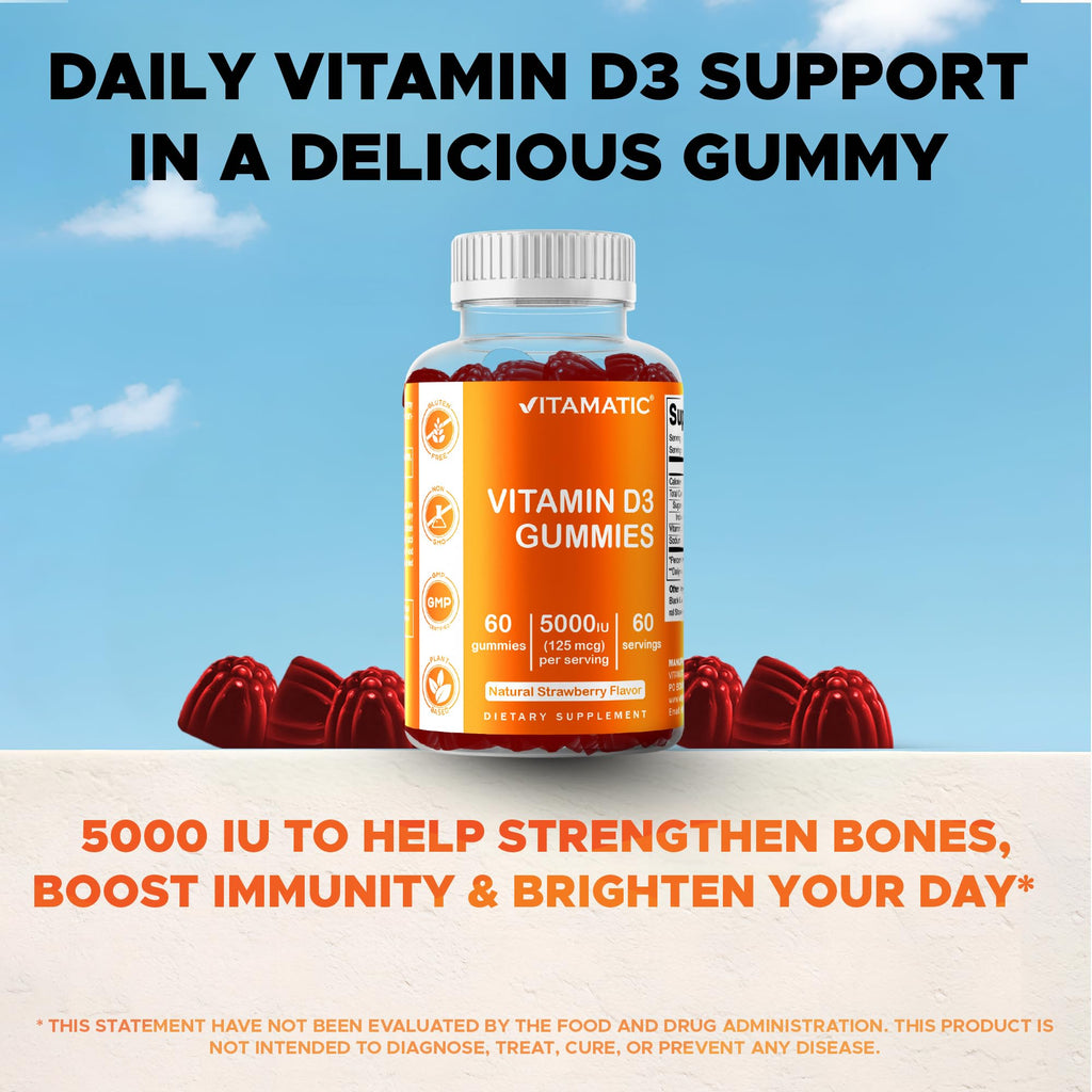 Vitamatic Vitamin D3 Gummies – 5000 IU Per Gummy | 60 Gummies Pack of 2 | Non-GMO, Gluten Free
