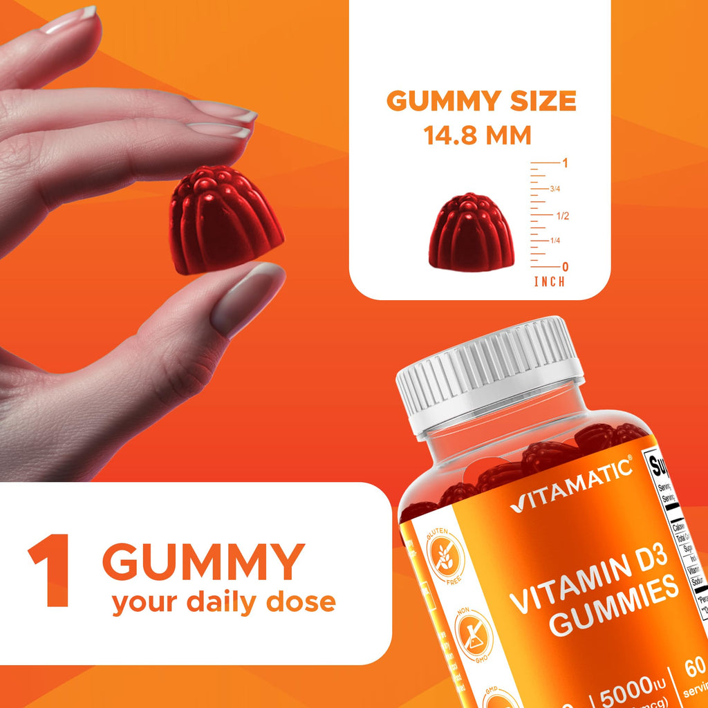 Vitamatic Vitamin D3 Gummies – 5000 IU Per Gummy | 60 Gummies Pack of 2 | Non-GMO, Gluten Free