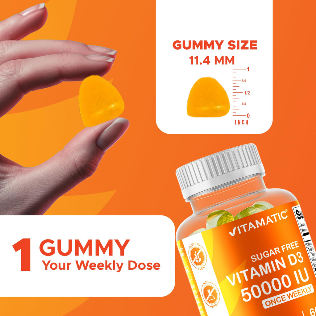 Vitamatic Sugar Free Vitamin D3 50,000 IU Weekly Gummies – 60 Pectin-Based High-Potency D3 for Bone, Teeth & Immune Support (Pack of 2)