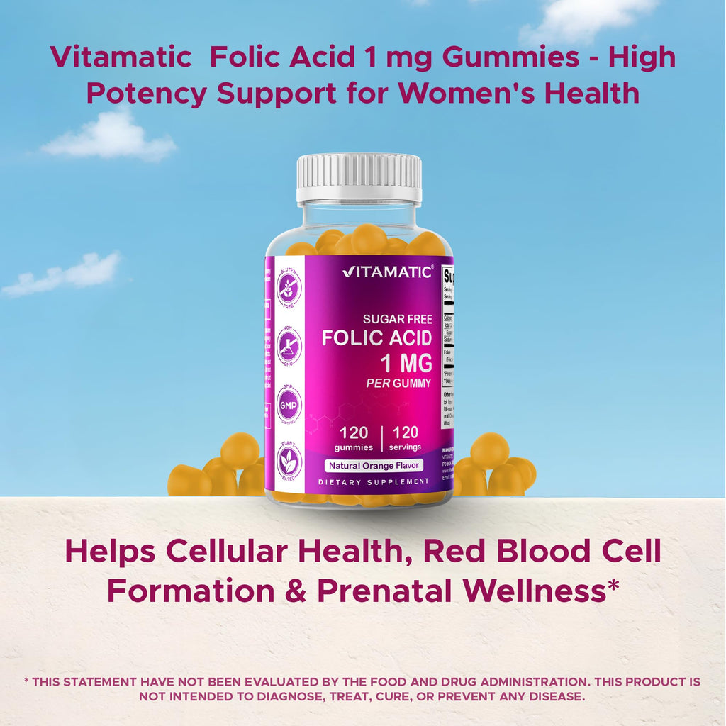 Vitamatic Folic Acid Gummies 1000 mcg – Prenatal Vitamin B9 for Mom & Baby | Vegan 120 Gummies