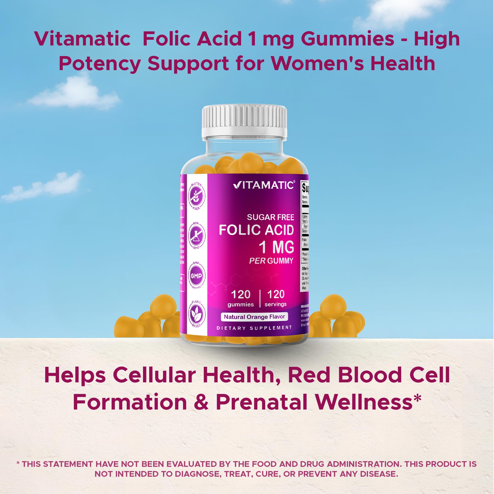Vitamatic Folic Acid Gummies 1000 mcg – Prenatal Vitamin B9 for Mom & Baby | Vegan 120 Gummies