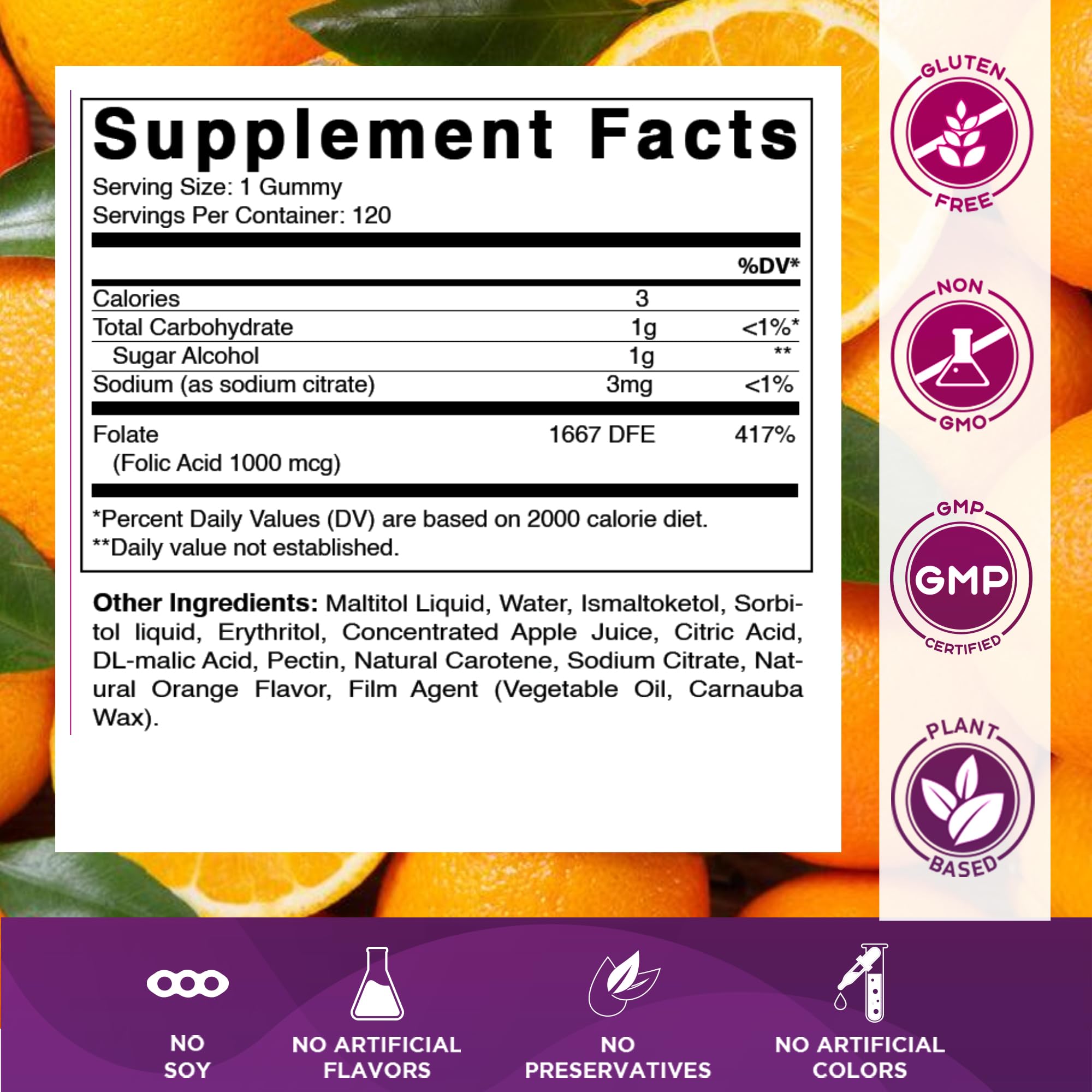 Vitamatic Folic Acid Gummies 1000 mcg – Prenatal Vitamin B9 for Mom & Baby | Vegan 120 Gummies
