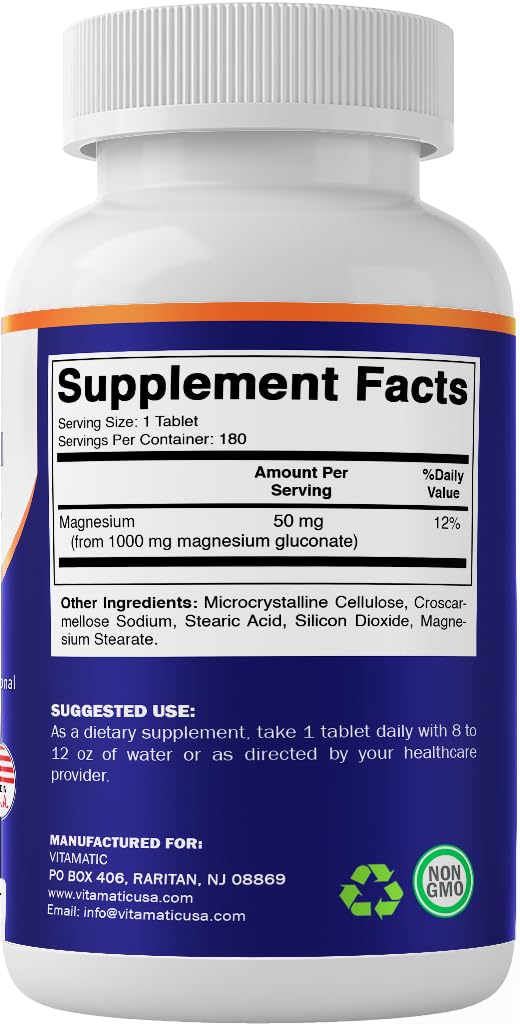Vitamatic Magnesium Gluconate 1000 mg - 180 Vegetarian Tablets (Uncoated) - Supports Muscle, Nerve, and Heart Health*