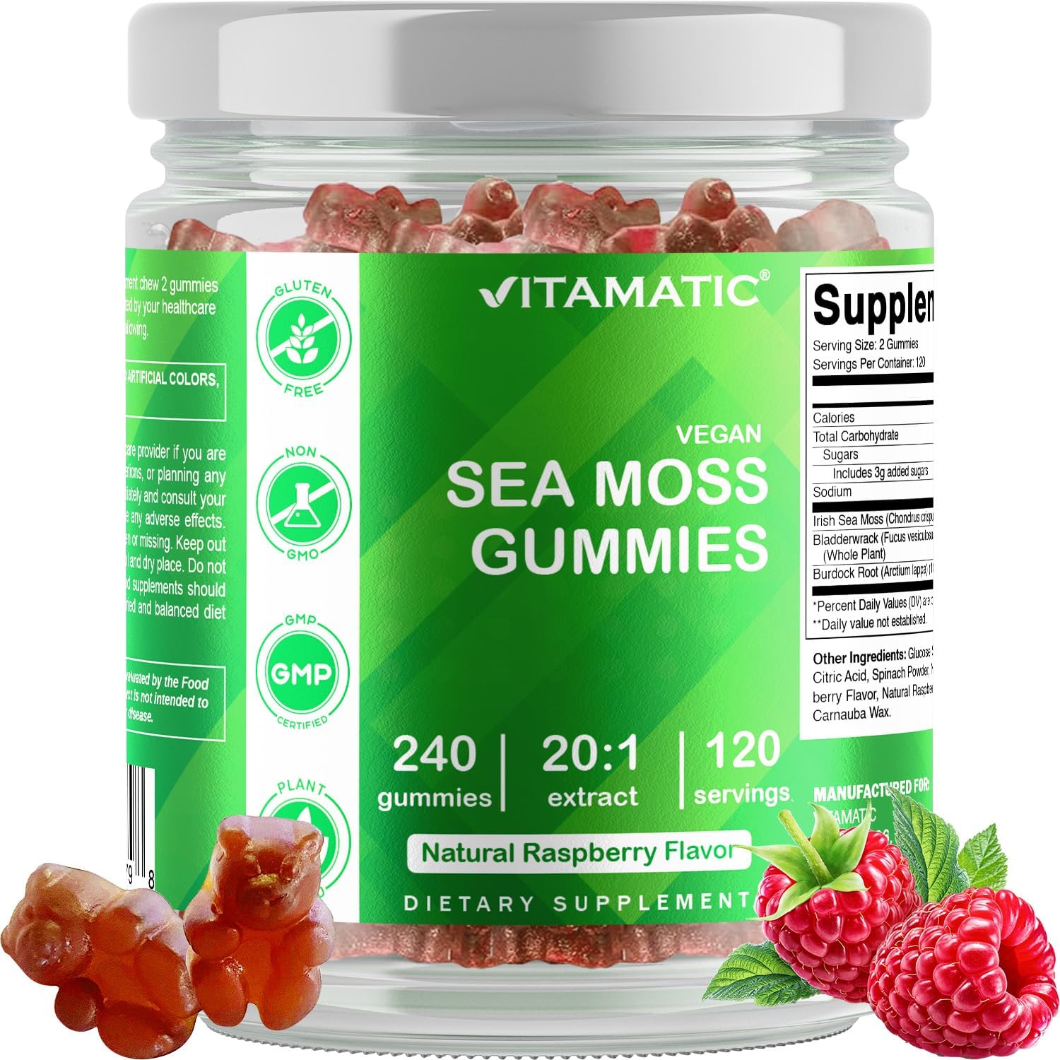 Vitamatic Irish Sea Moss Gummies mg - 240 Vegan Gummies - Made with Bladderwrack & Burdock Root - Seamoss Supplement - Gluten Free & Non-GMO