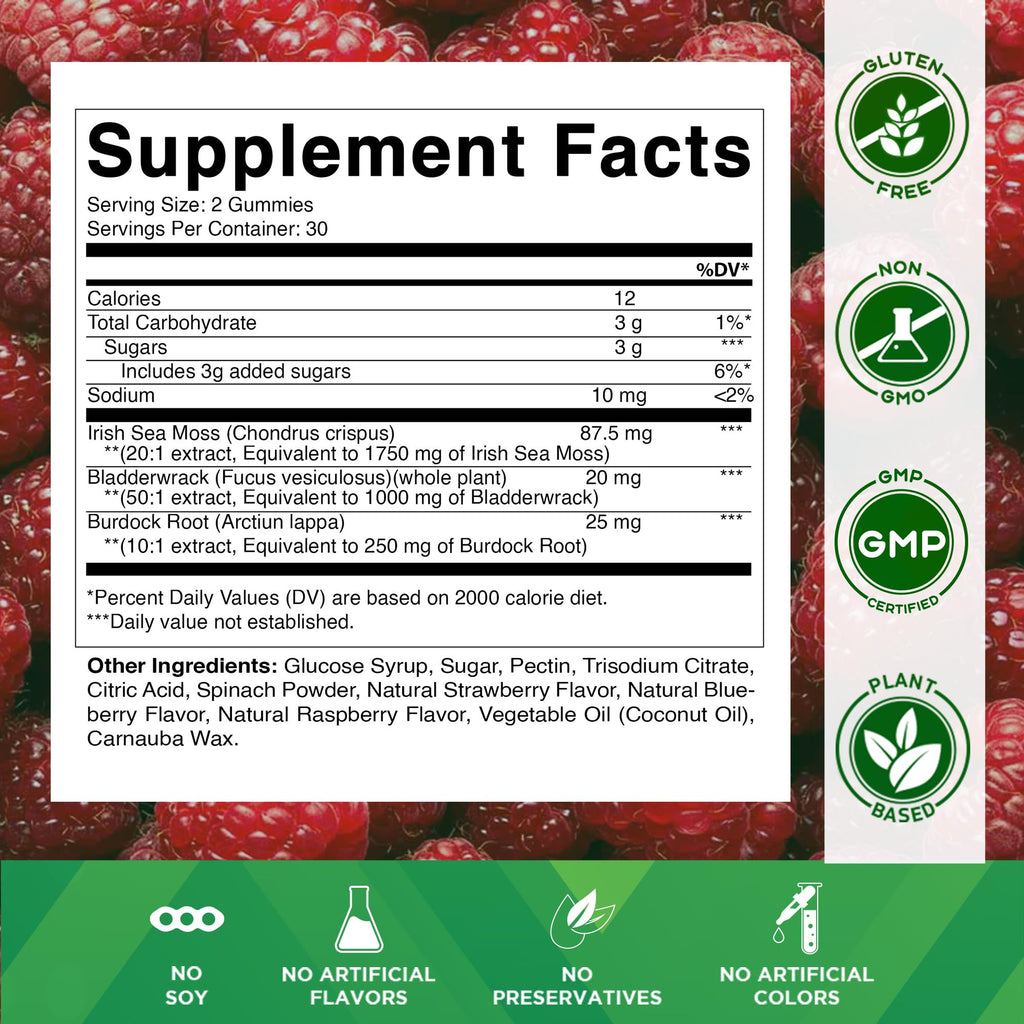 Vitamatic Irish Sea Moss Gummies – 60 Ct | 3000mg Equivalent Per Serving (from Extract 132.5mg) | Bladderwrack & Burdock Root