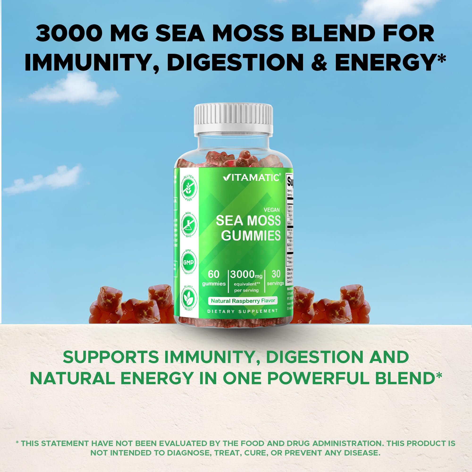 Vitamatic Irish Sea Moss Gummies – 60 Ct | 3000mg Equivalent Per Serving (from Extract 132.5mg) | Bladderwrack & Burdock Root