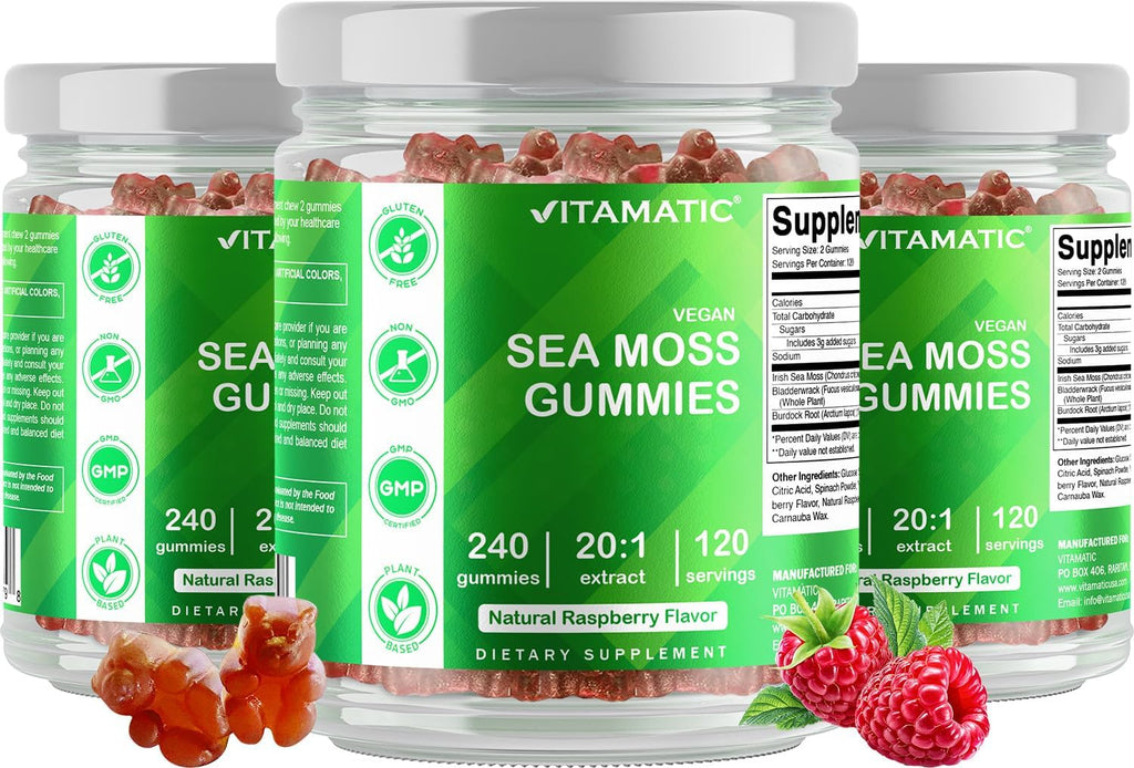 Vitamatic Irish Sea Moss Gummies mg - 240 Vegan Gummies - Made with Bladderwrack & Burdock Root - Seamoss Supplement - Gluten Free & Non-GMO