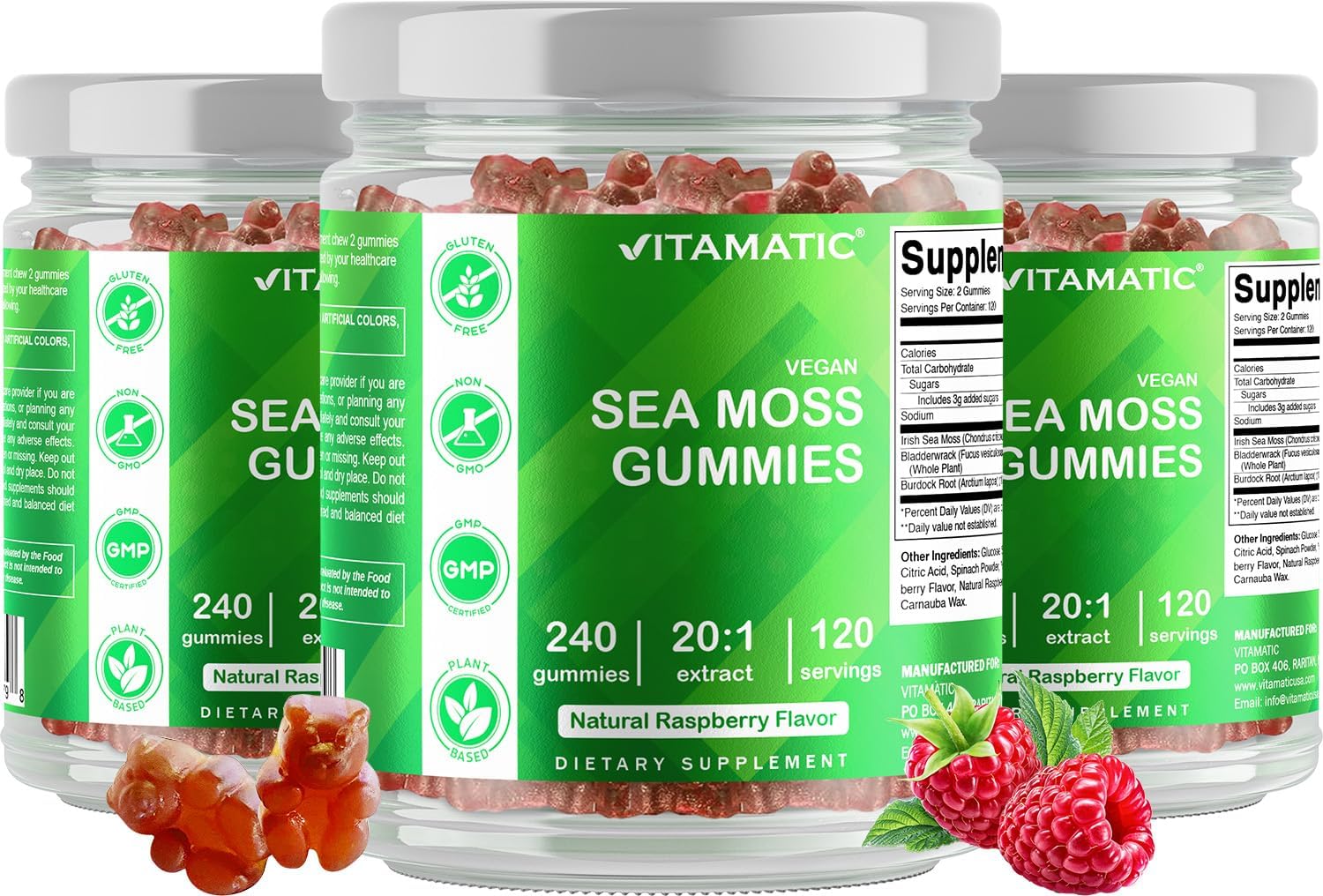 Vitamatic Irish Sea Moss Gummies mg - 240 Vegan Gummies - Made with Bladderwrack & Burdock Root - Seamoss Supplement - Gluten Free & Non-GMO