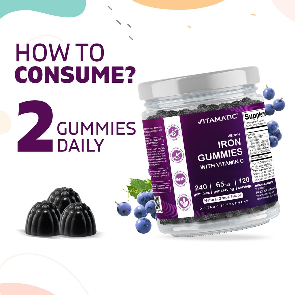 Vitamatic Iron 65 mg Gummies – 240 Vegan Iron Gummies with Vitamin C