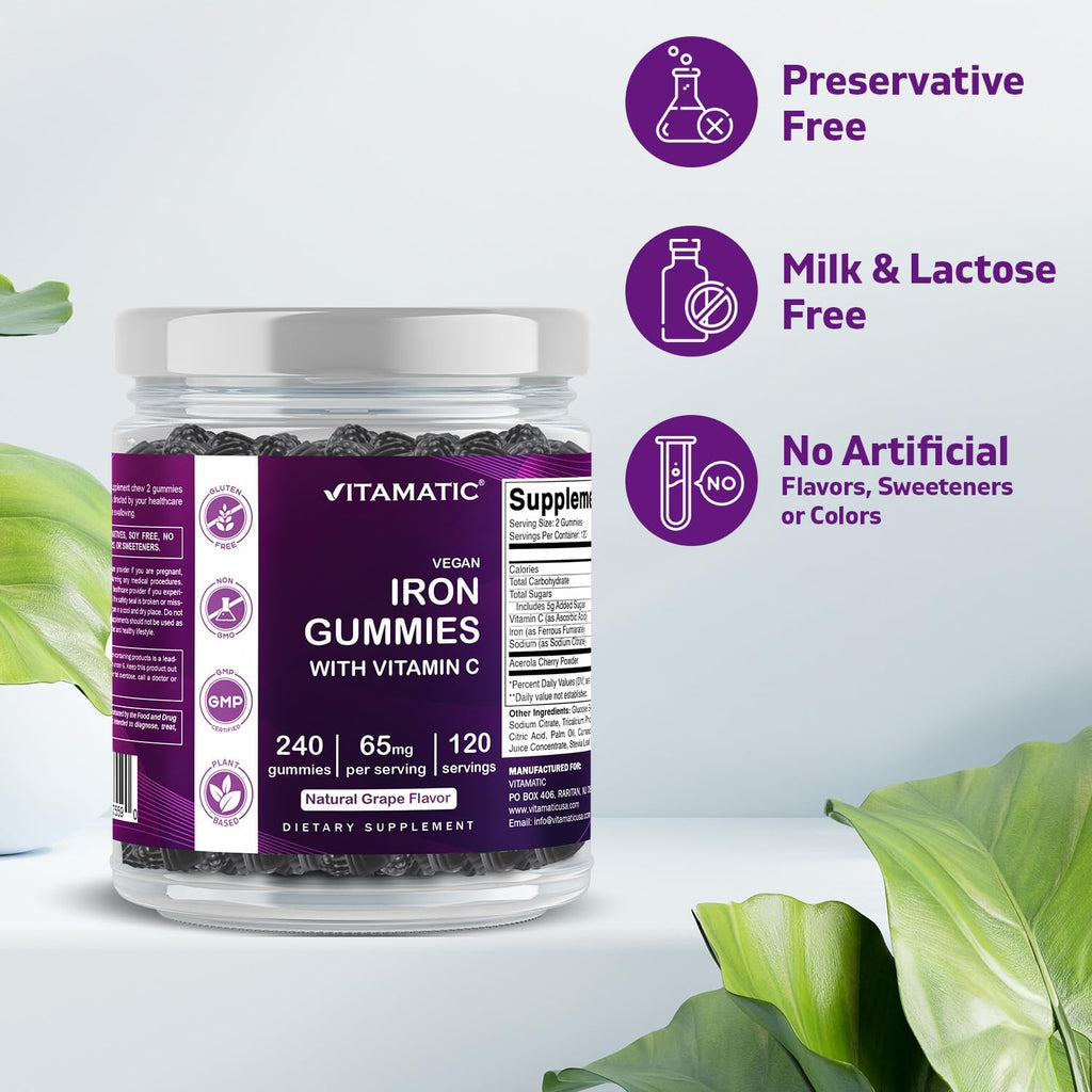 Vitamatic Iron 65 mg Gummies – 240 Vegan Iron Gummies with Vitamin C