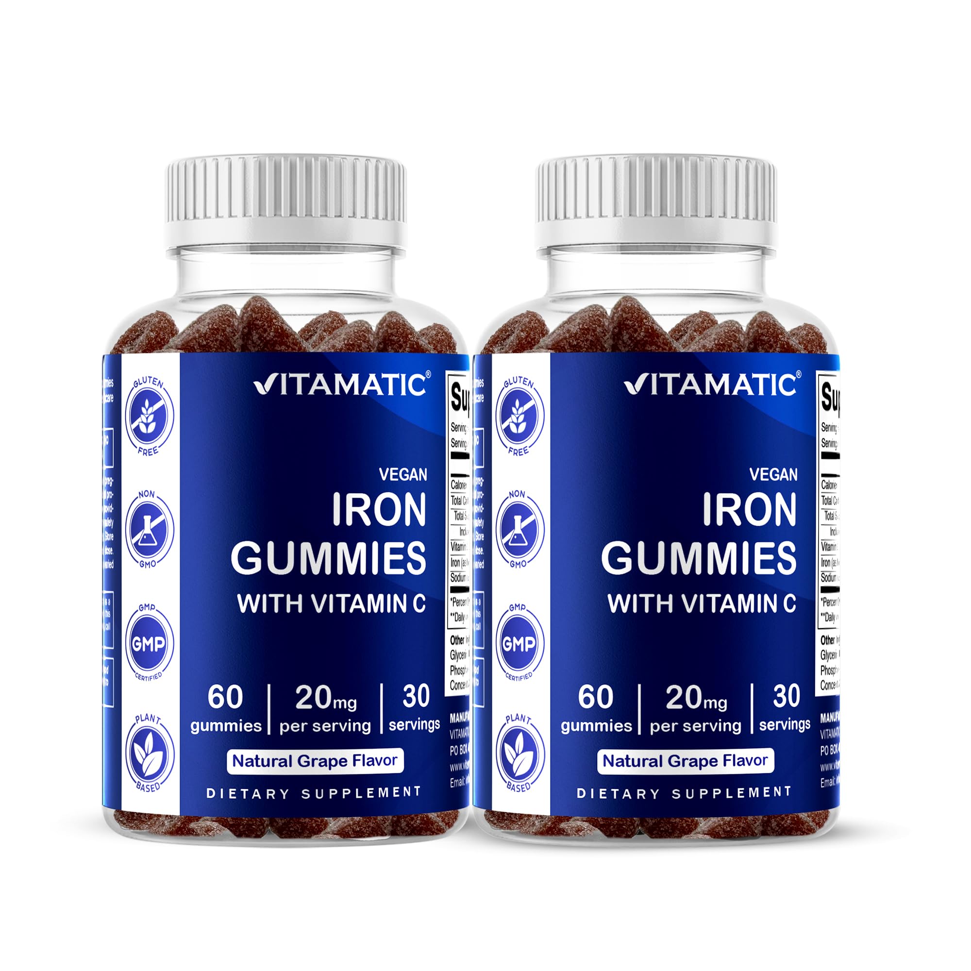 Vitamatic Iron Gummies – 20mg Iron + Vitamin C, Vegan Gummies, 60 Count (Pack of 2)