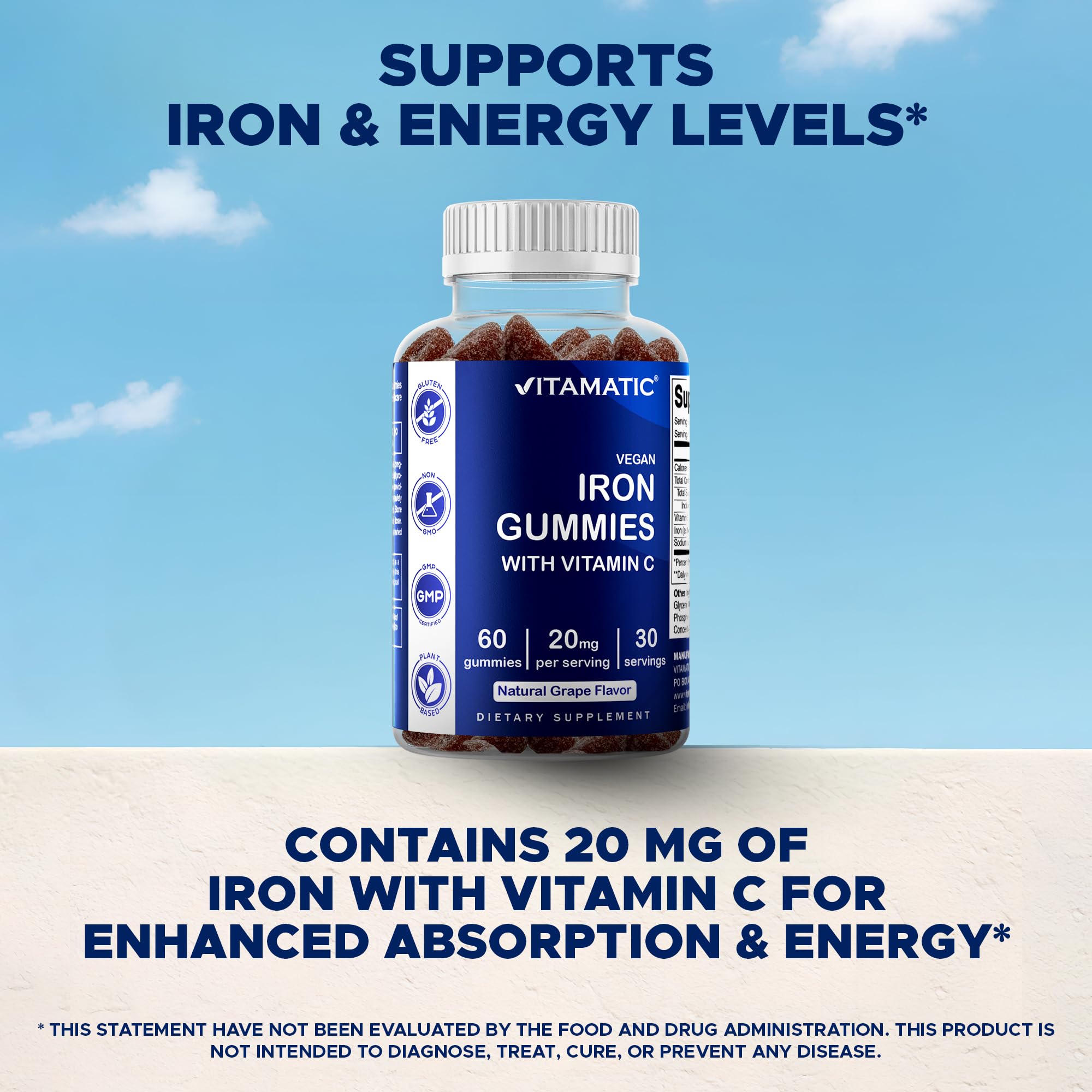 Vitamatic Iron Gummies - 20mg Iron + Vitamin C | 60 Vegan Gummies