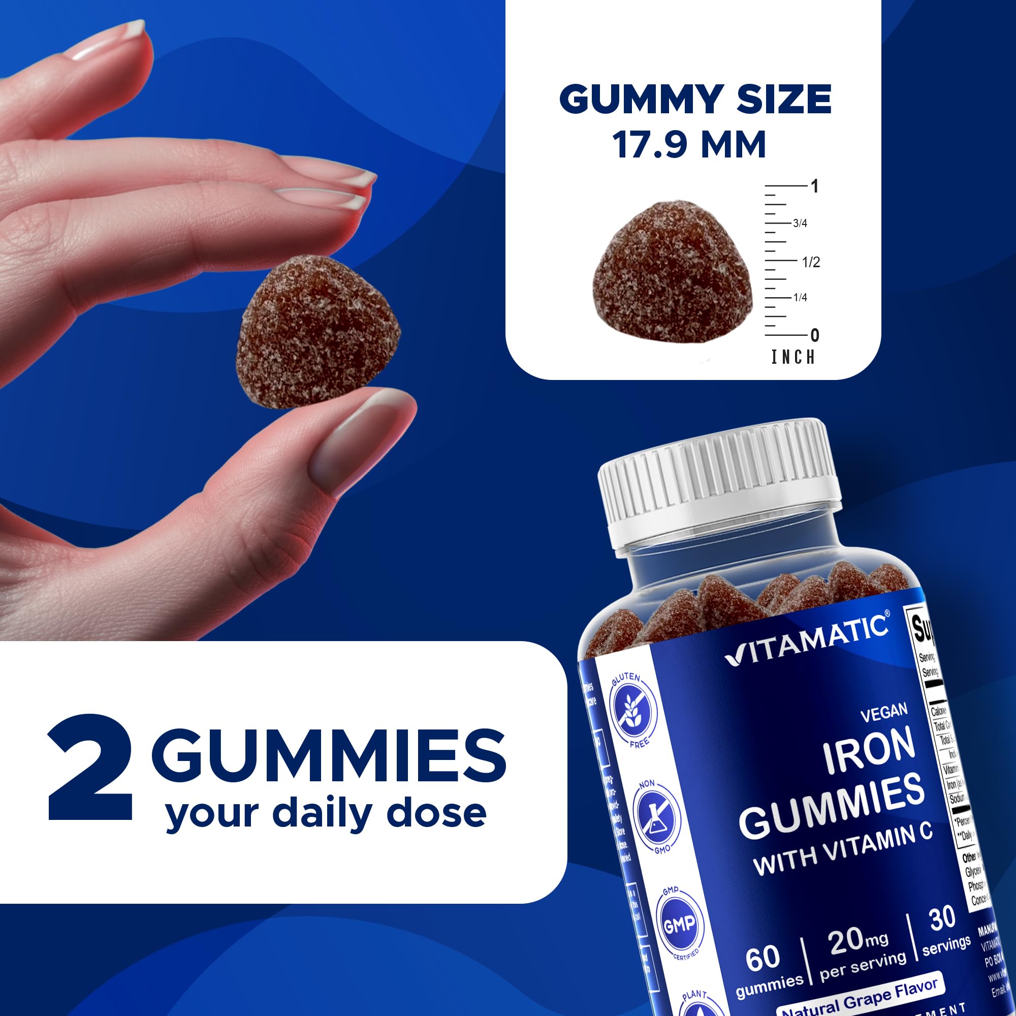 Vitamatic Iron Gummies – 20mg Iron + Vitamin C, Vegan Gummies, 60 Count (Pack of 2)