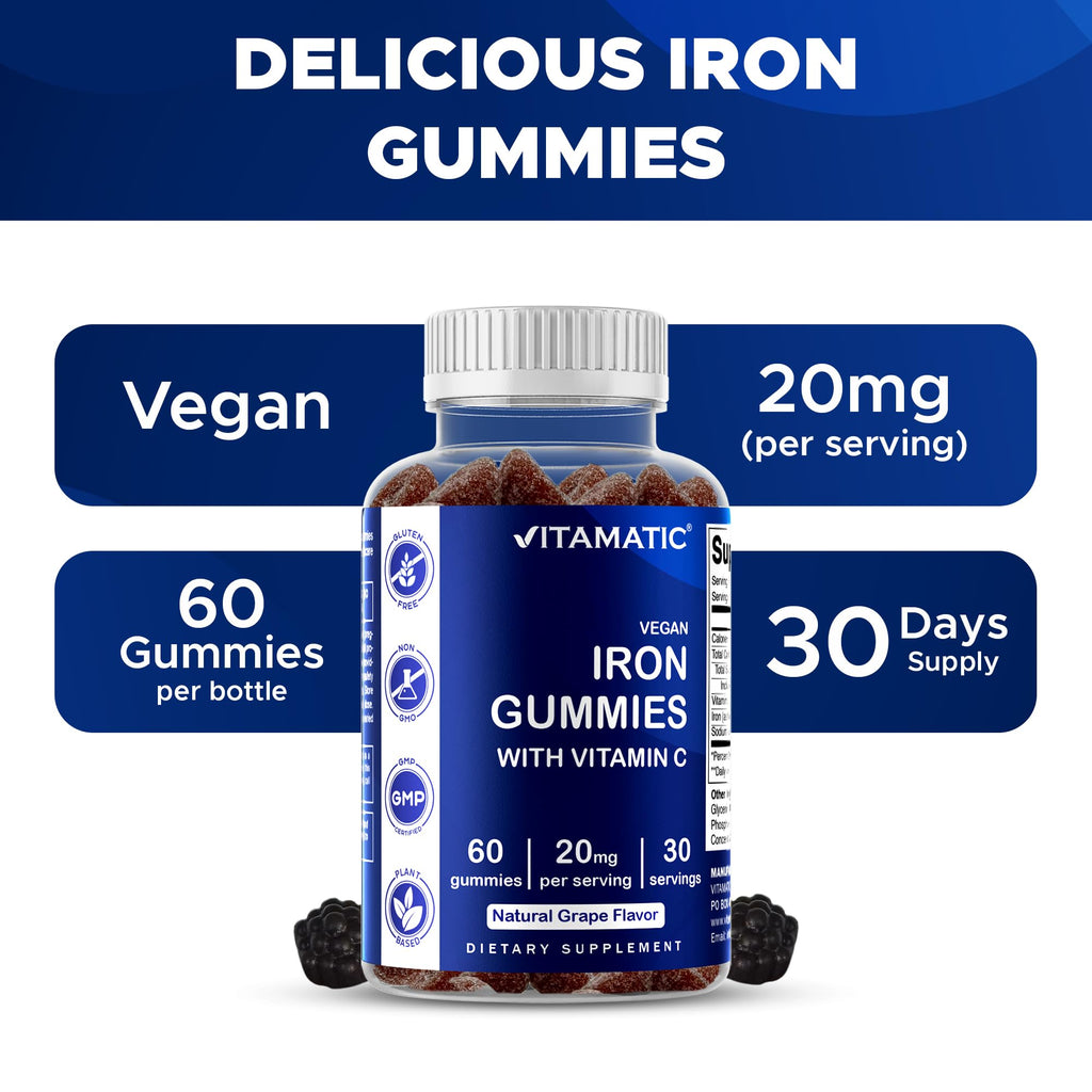 Vitamatic Iron Gummies – 20mg Iron + Vitamin C, Vegan Gummies, 60 Count (Pack of 2)