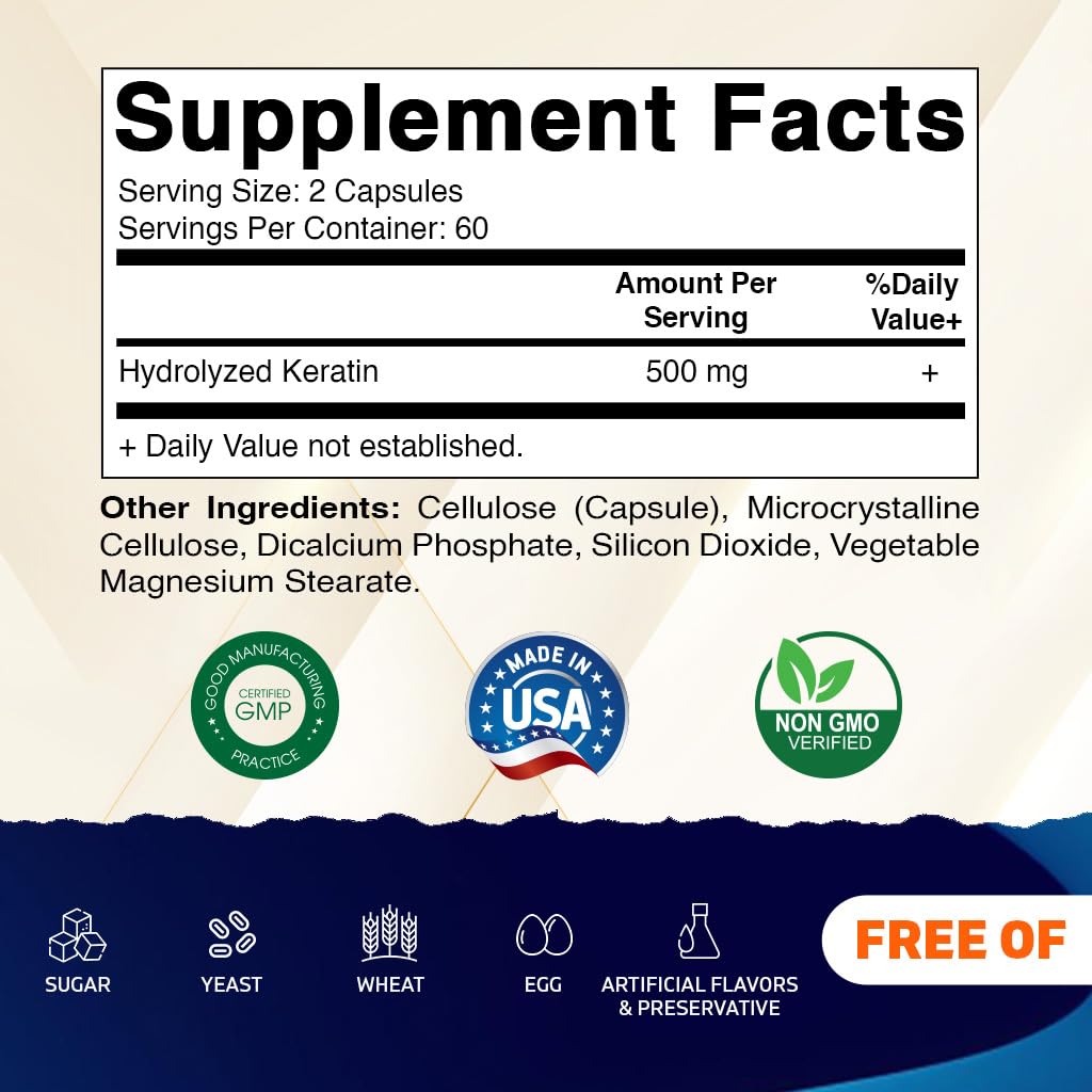 Vitamatic Hydrolyzed Keratin 500mg – 240 Vegetarian Capsules (Pack of 2) | Hair Skin Nails Support