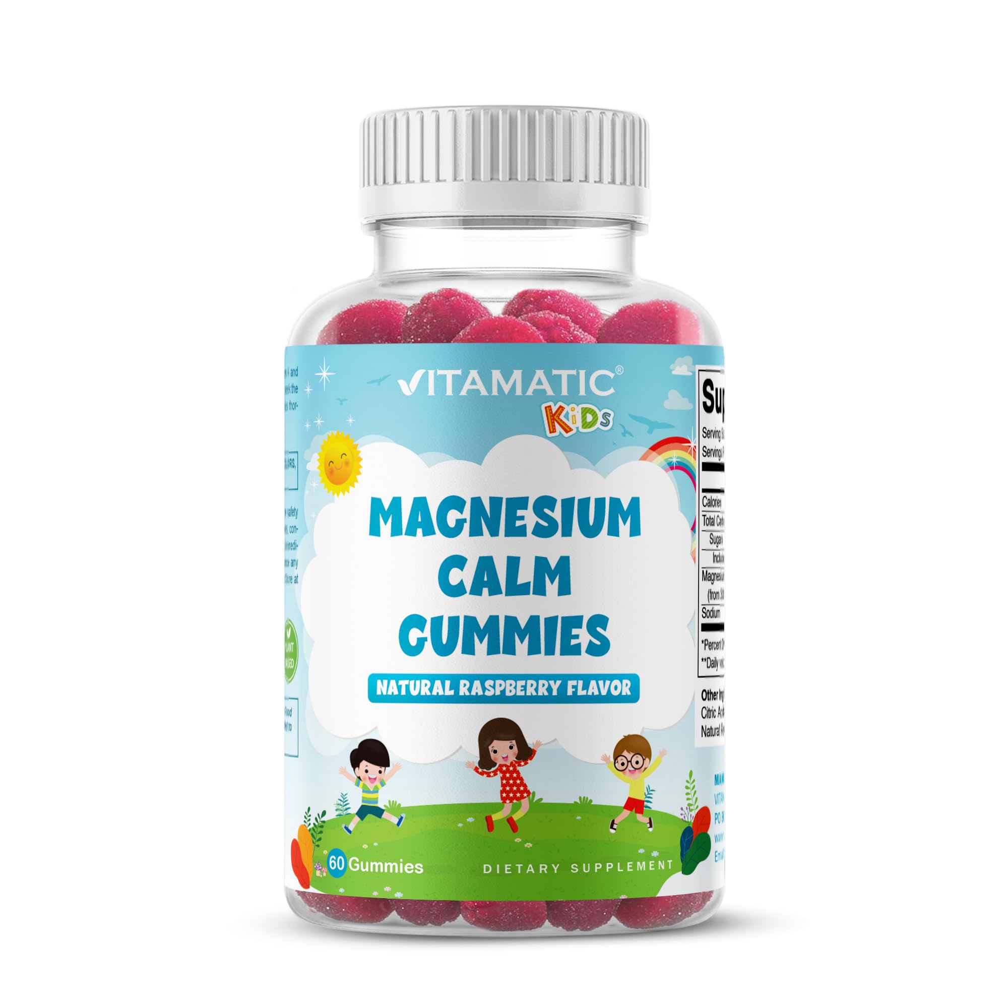 Vitamatic Kids Magnesium Calm Gummies - 60-Count Vegan, Raspberry Flavor | Muscle, Bone & Energy Support