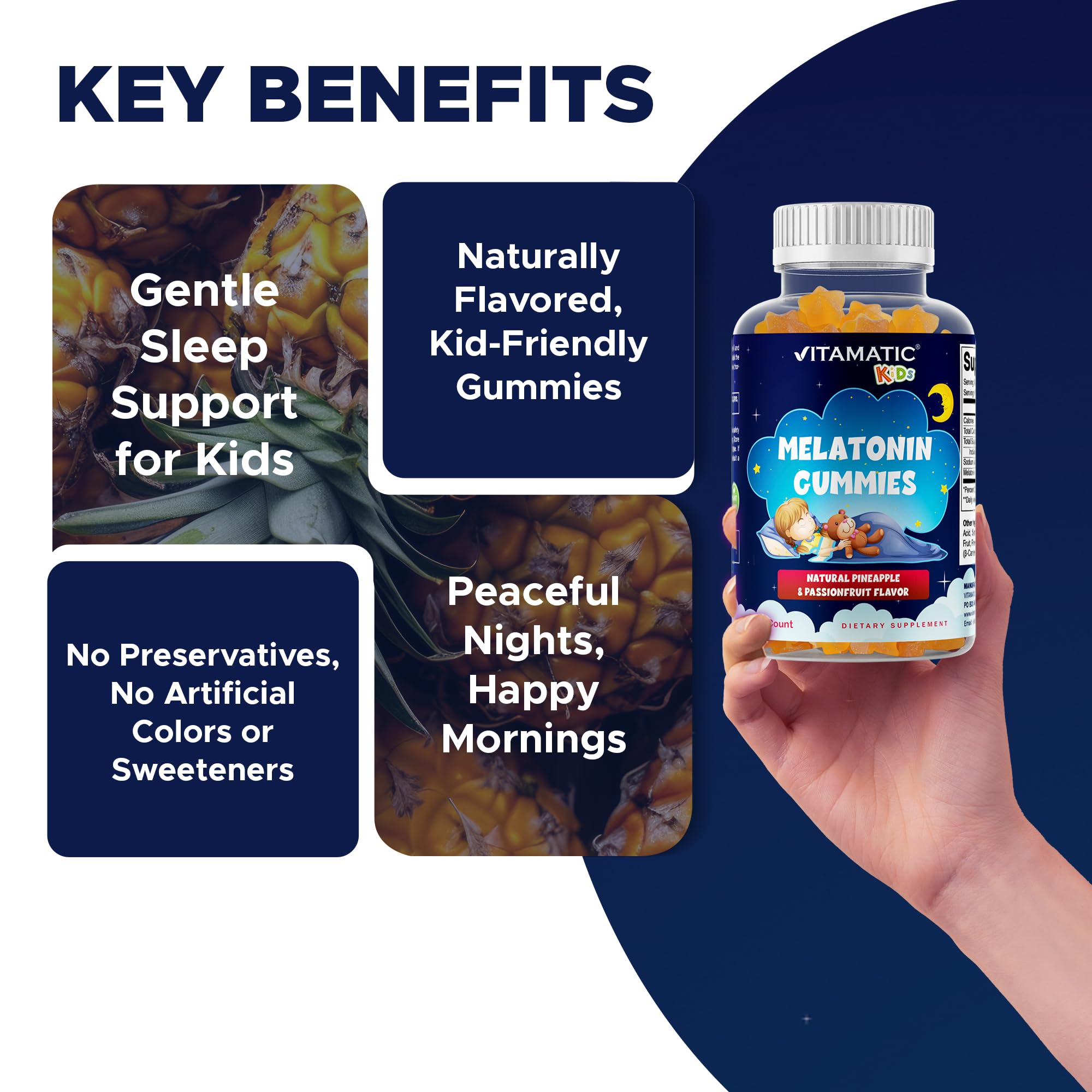Vitamatic Sugar Free Kids Melatonin 1mg Gummies – Pineapple & Passionfruit, 90 Gummies (90 Days Supply)