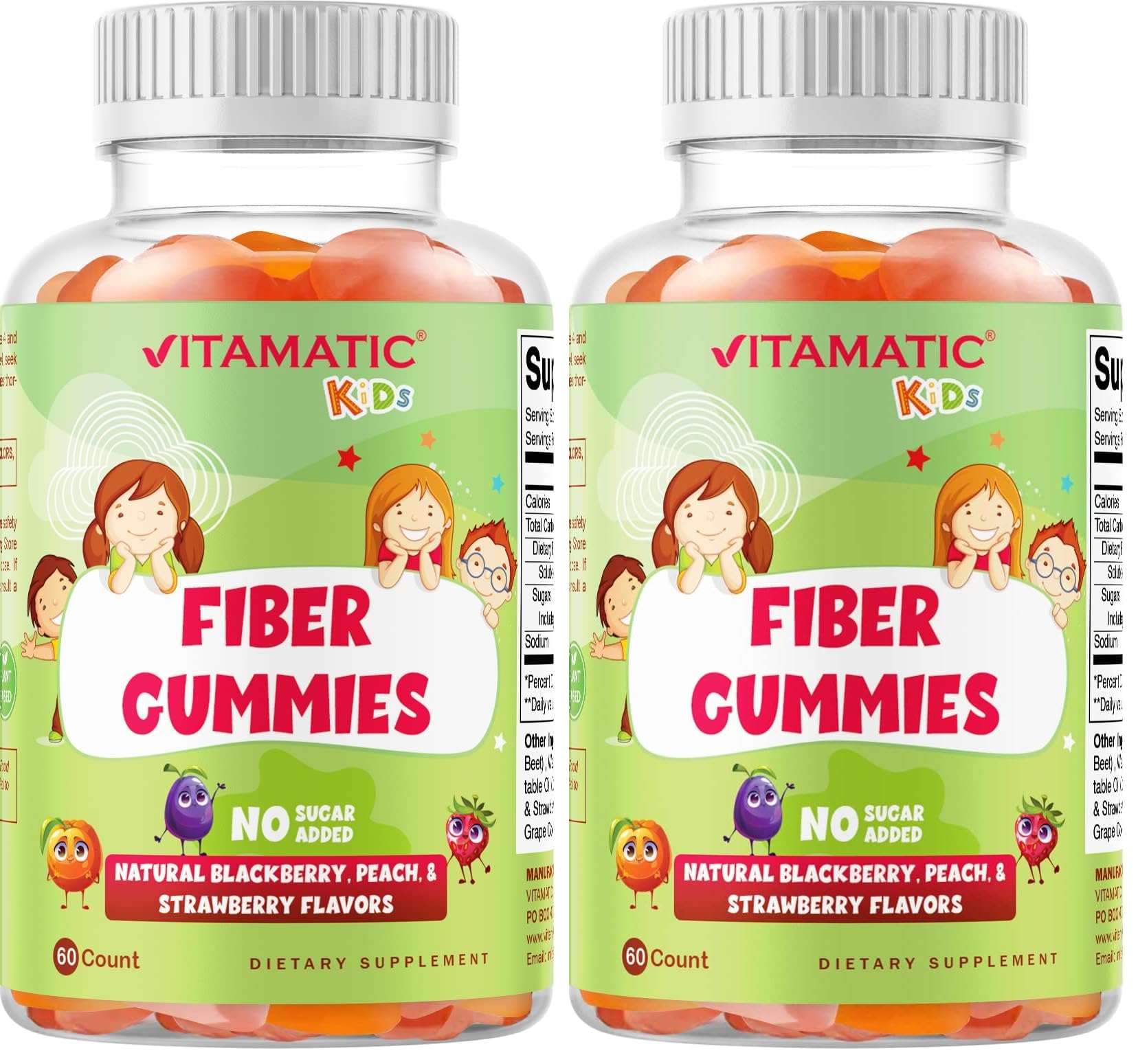 Vitamatic Kids Prebiotic Fiber Gummies – 4g Fiber, Zero Sugar, Pack of 2