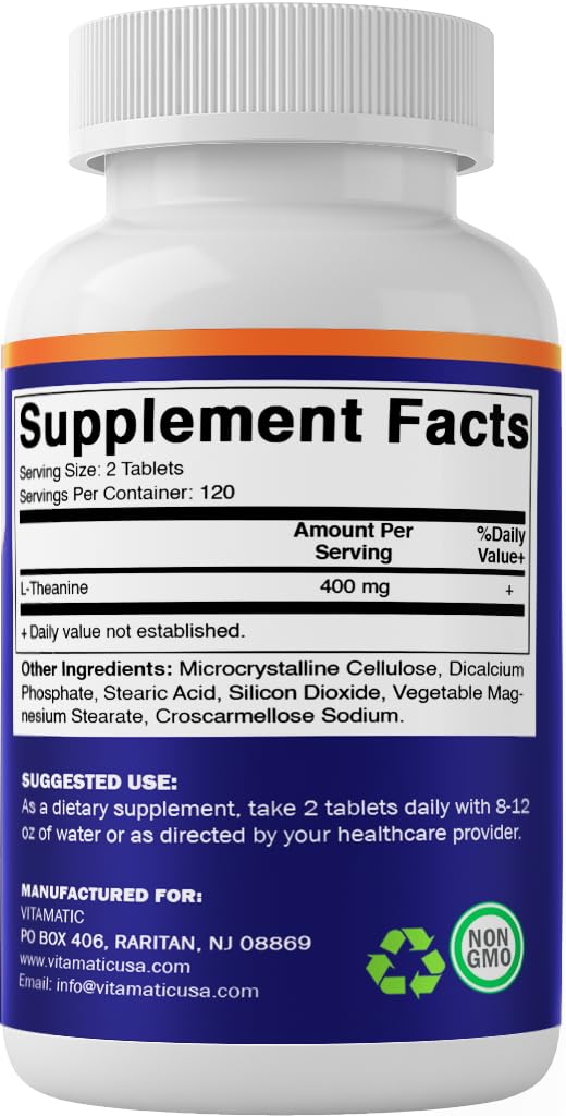 Vitamatic L-Theanine 400mg - 240 Tablets - Non-GMO & Gluten Free - 2 Pack