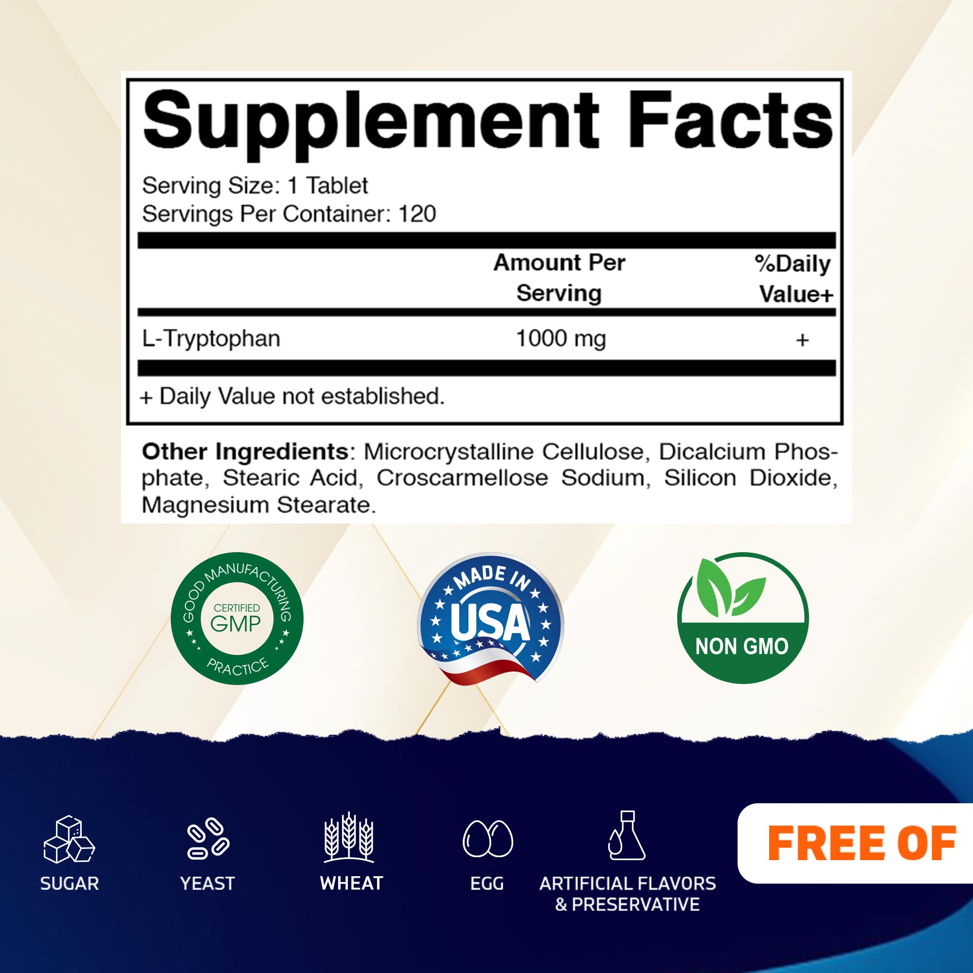 Vitamatic L-Tryptophan 1000mg – 120 Tablets (Pack of 1) | Non-GMO & Gluten Free